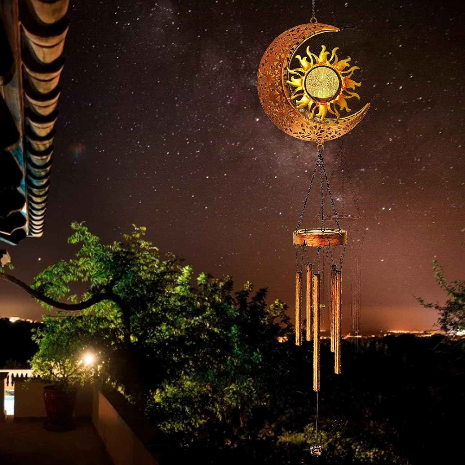 Solar Wind Chimes for Garden - LED Cracked Ball Light with Moon & Sun Design, Waterproof Outdoor Decor image number 1