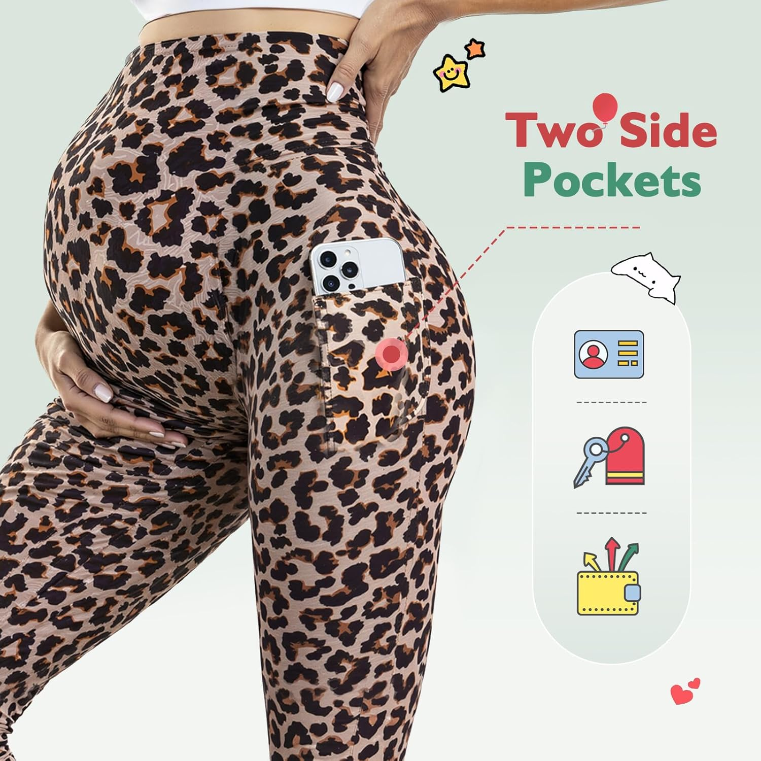 Women'S Maternity Leggings with Pockets High Waistband Pregnancy Leggings Opaque Elastic Maternity Leggings for Pregnant Women, Leopard, S image number 3