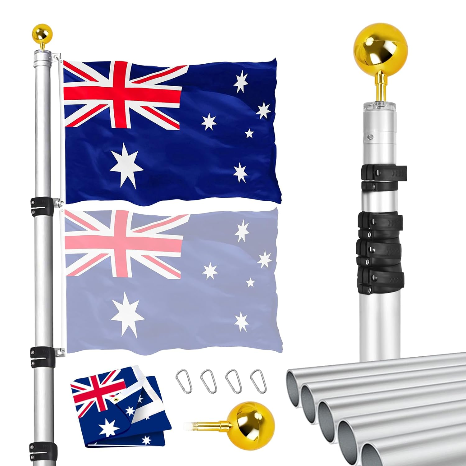 The 6.1M Telescopic Flag Pole Kit, Heavy Duty Aluminum Telescoping Flagpole Kit Fly 2 Flags, Outdoor in Ground Flagpole with 3X5 AU Flag & Gold Ball Top for Residential or Commercial, Silver image number 5
