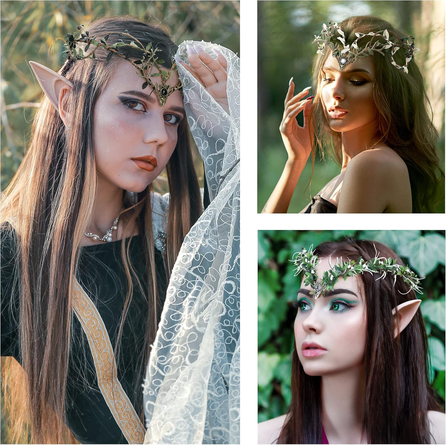 MOSTORY Elf Ears with Headband Woodland Crown Headpiece Fairy Pixie Ears and Green Twigs Circlet Cosplay Costumes for Women