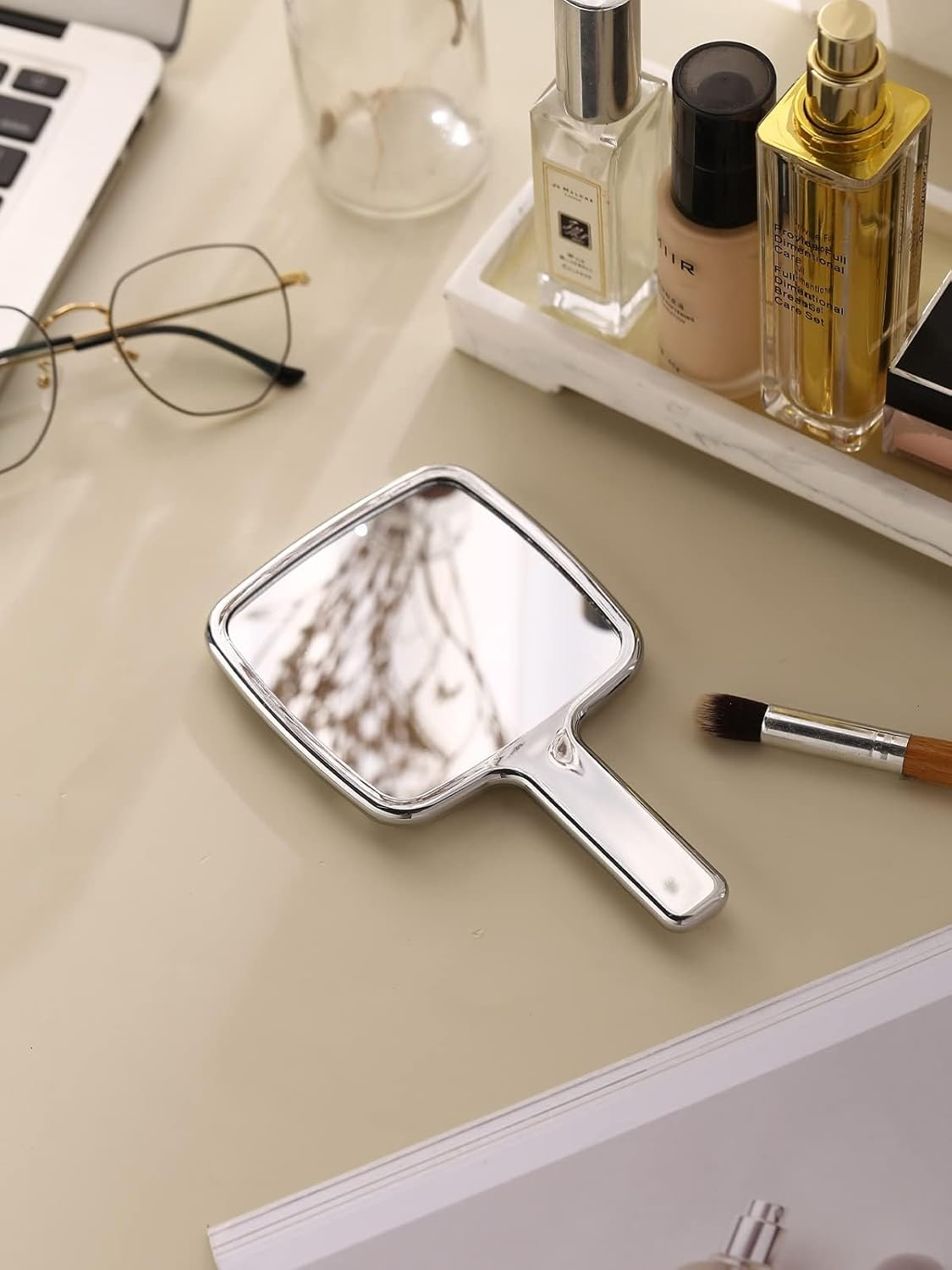 Water Ripples Handheld Mirror - Quttly Square Silver Makeup Mirror with Handle, Small 4X7 Inches for Precise Application image number 4