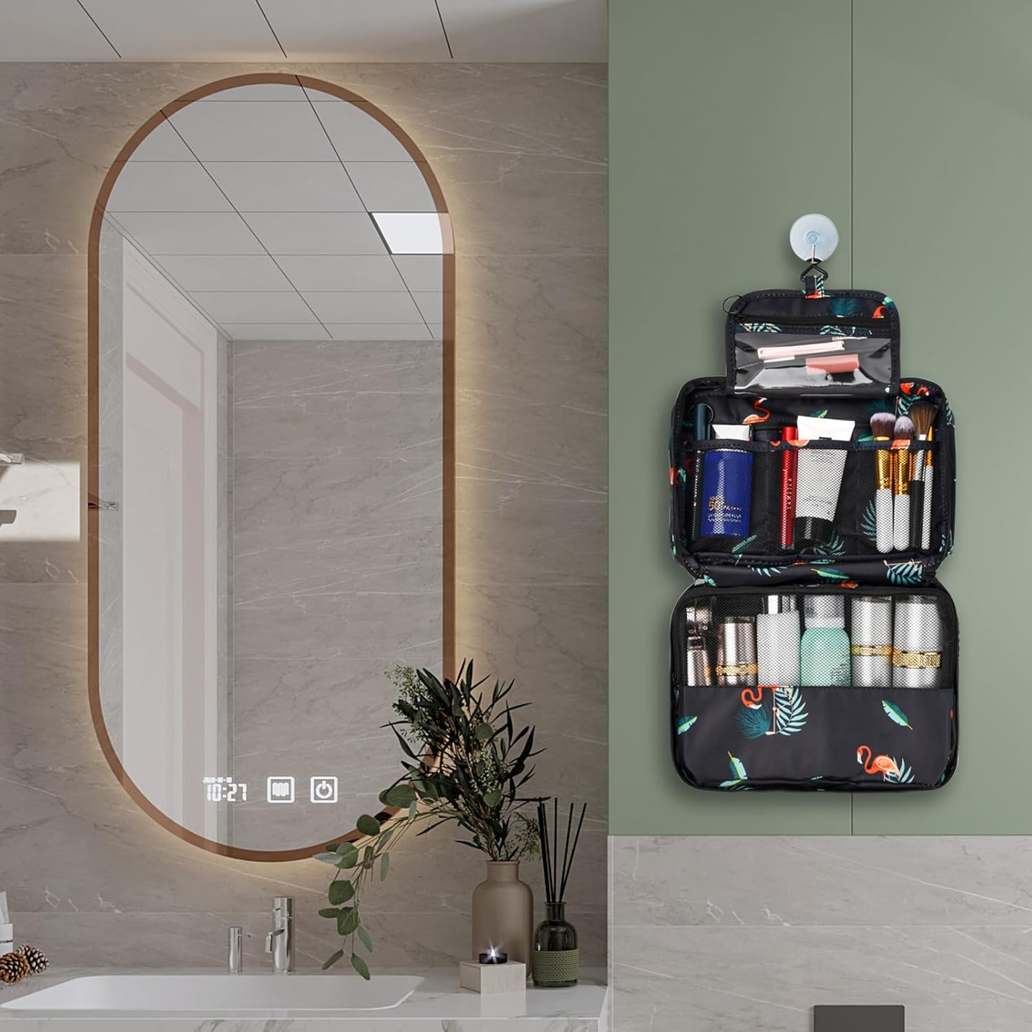 Large Hanging Toiletry Bag, 25.5X17X8.5Cm, Waterproof Makeup Bag Travel with 4 Compartments, Foldable Portable Wash Bag Women Men, for Travel Toiletries Essentials Bathroom Shower