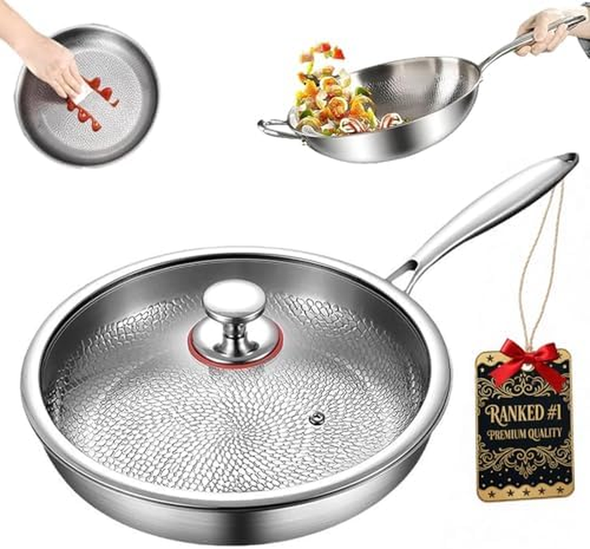 Titanium Hammered Pan Pro with Lid, 100% Non-Toxic Titaniums Hammered Pan Pro for Cooking Non Stick, Titanium Frying Pans 12 Inch, Extreme Heat-Resistant & Lasts with All Stovetops (26CM with Lid)
