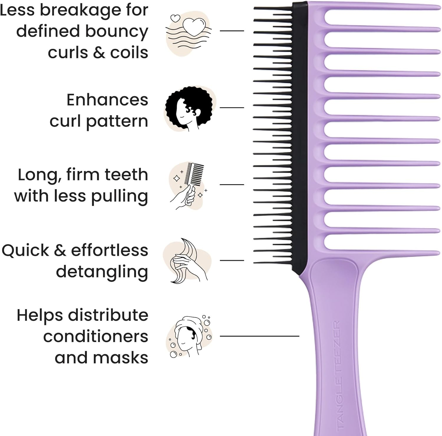 Tangle Teezer Wide Tooth Comb - Ideal for 3C-4C Curly Coily Hair - Long Teeth Detangle & Reduce Breakage - Two-Tiered Flexible Teeth Remove Shed Hair - Perfect for Brushing Out Curls - Lilac & Black image number 4