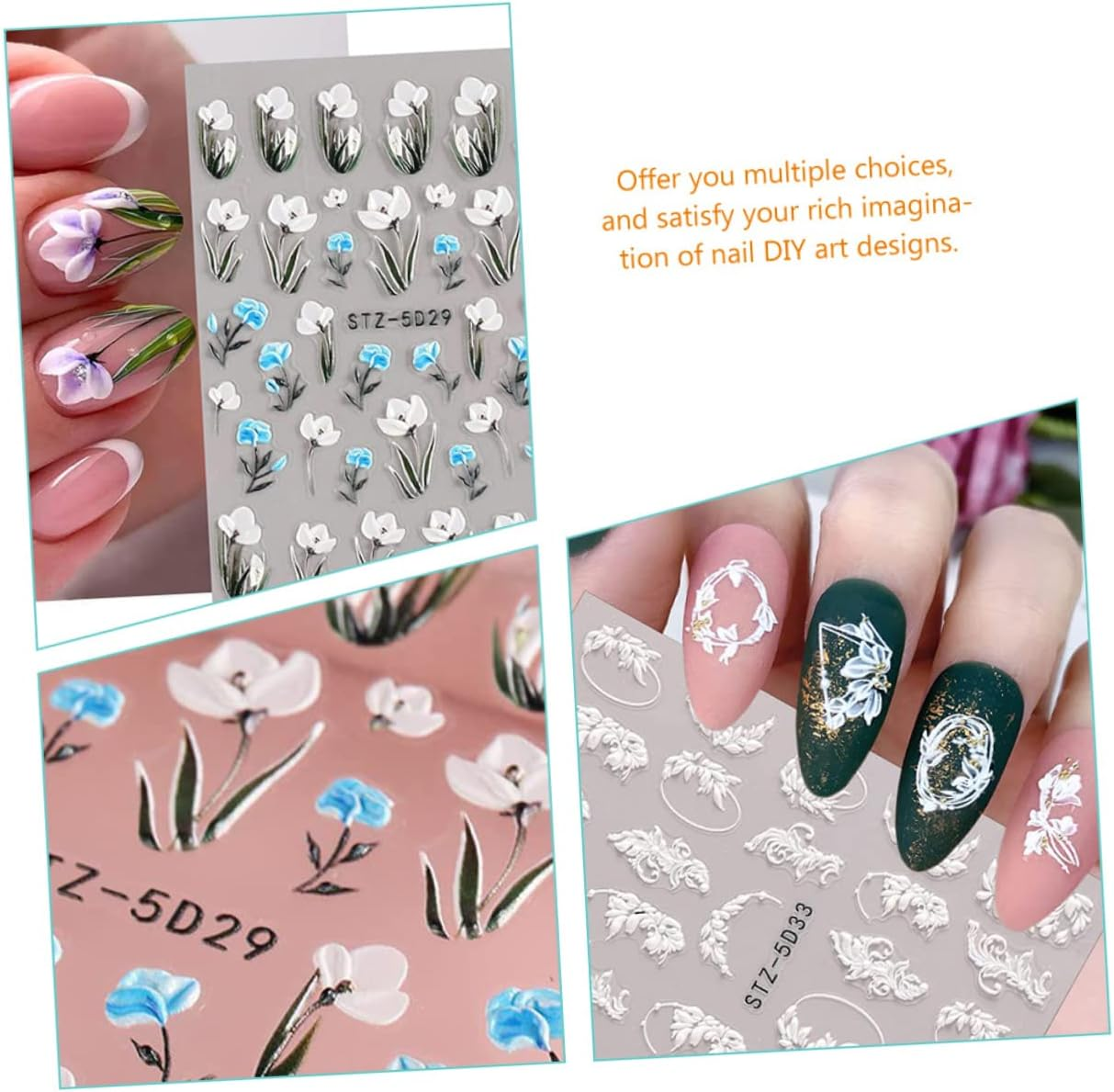KALLORY 24Sheets Floral Nail Stickers Decals Embossed Nail Art Stickers for Women Girls DIY image number 5