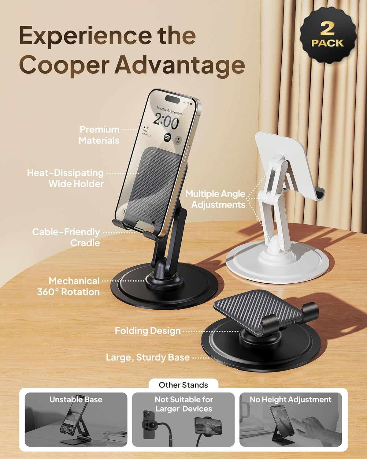 Cooper 360&deg; Stand, [Gift Family Pack], Rotating Cell Phone Stand for Desk, Cell Phone Holder for Desk, Iphone Stand Holder, Sturdy Metal Base, Fits Samsung, Android Smartphones, (Cream White, 2-Pack) image number 4