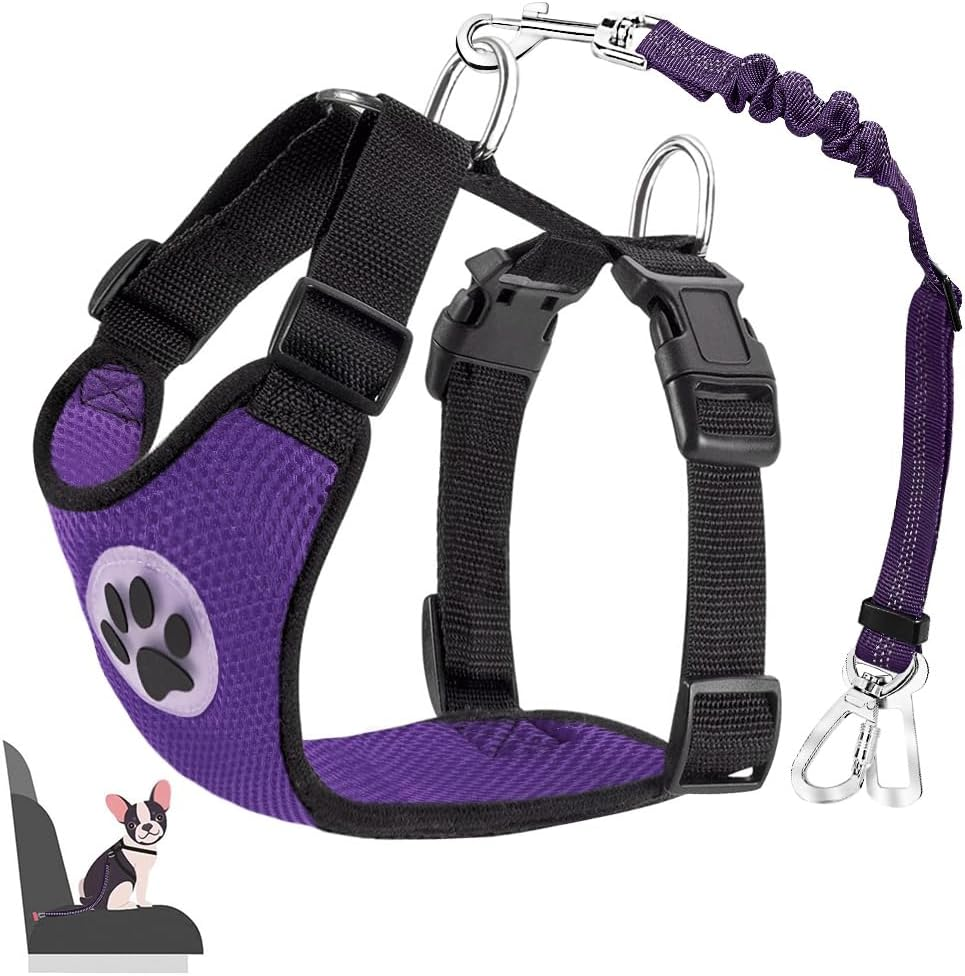 Lukovee Dog Safety Vest Harness with Seatbelt, Dog Car Harness Seat Belt Adjustable Pet Harnesses Double Breathable Mesh Fabric with Car Vehicle Connector Strap for Dog (Medium, Purple Seatbelt)