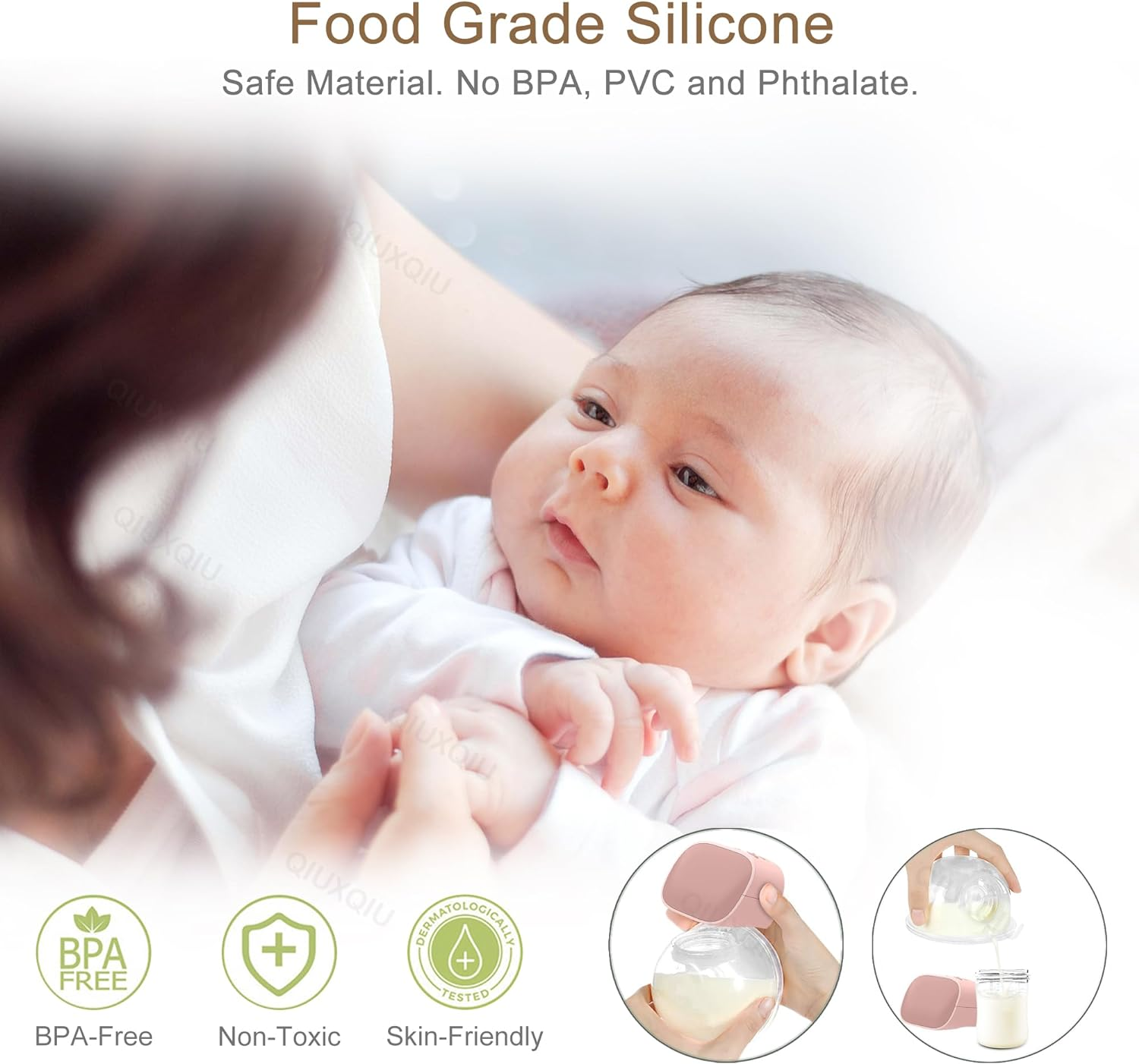 QIUXQIU Wearable Breast Pumps Electric Hands-Free Breast Milk Extractor Portable Spill-Proof Ultra-Quiet Pain Free Breastpump with 2 Mode & 5 Levels USB Rechargeable Battery Breast Milk Pump (Pink) - Pink image number 5