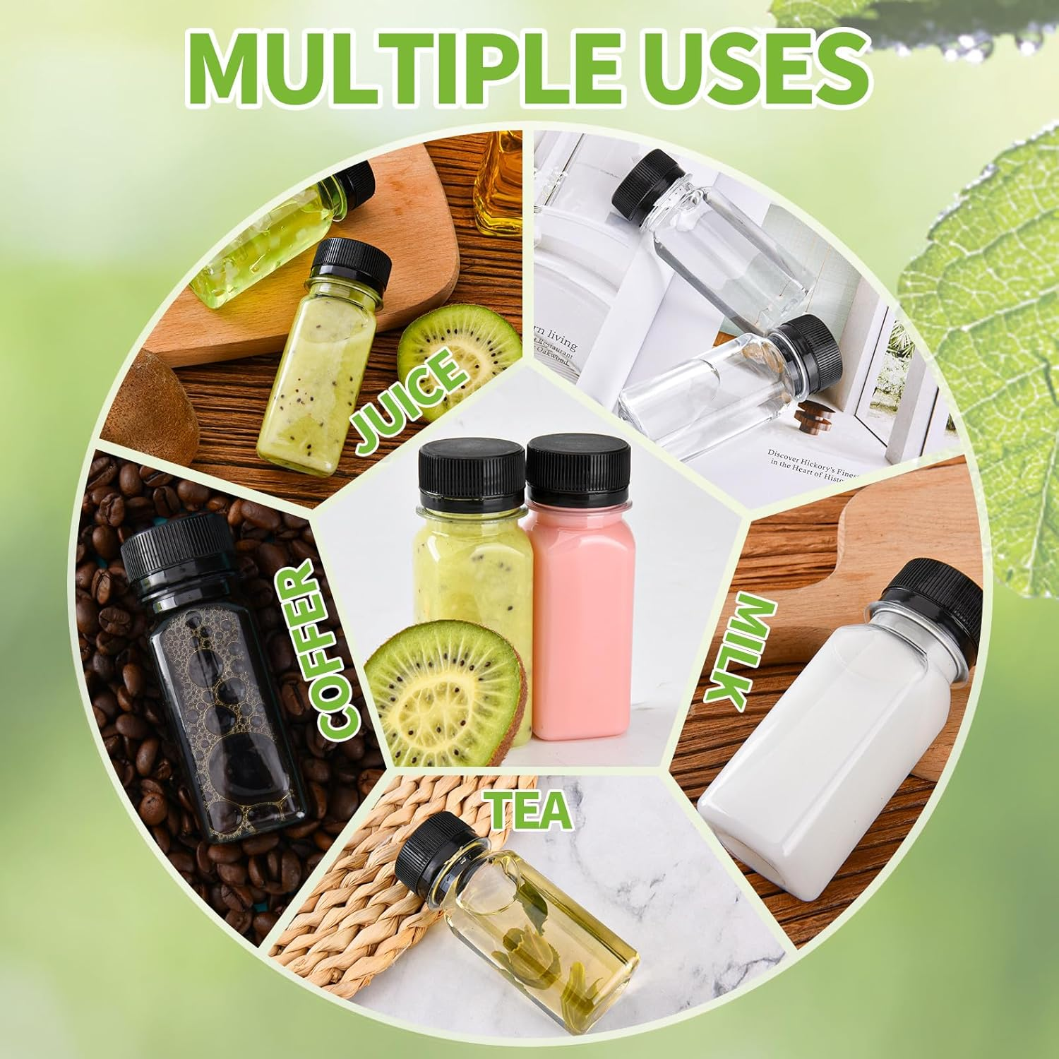 12 Pcs 2Oz Small Plastic Juice Bottles with Lids，Reusable Leak Proof Ginger Shots Bottle with Black Caps, Wellness Mini Jars Plastic Containers for Smoothie, Water, Milk and Other Beverages image number 4