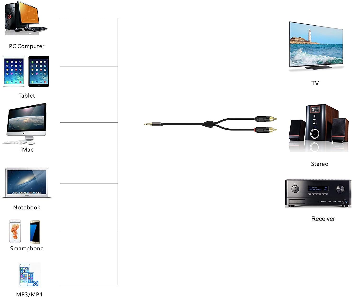 Primeda Audiophile Audio Cable Stereo 3.5Mm Male to 2 RCA Male Hi Fi for Mp3,Cd,Speakers,Home Theater,Hdtv (Right Angle 3.5Mm (3 Feet)) image number 1