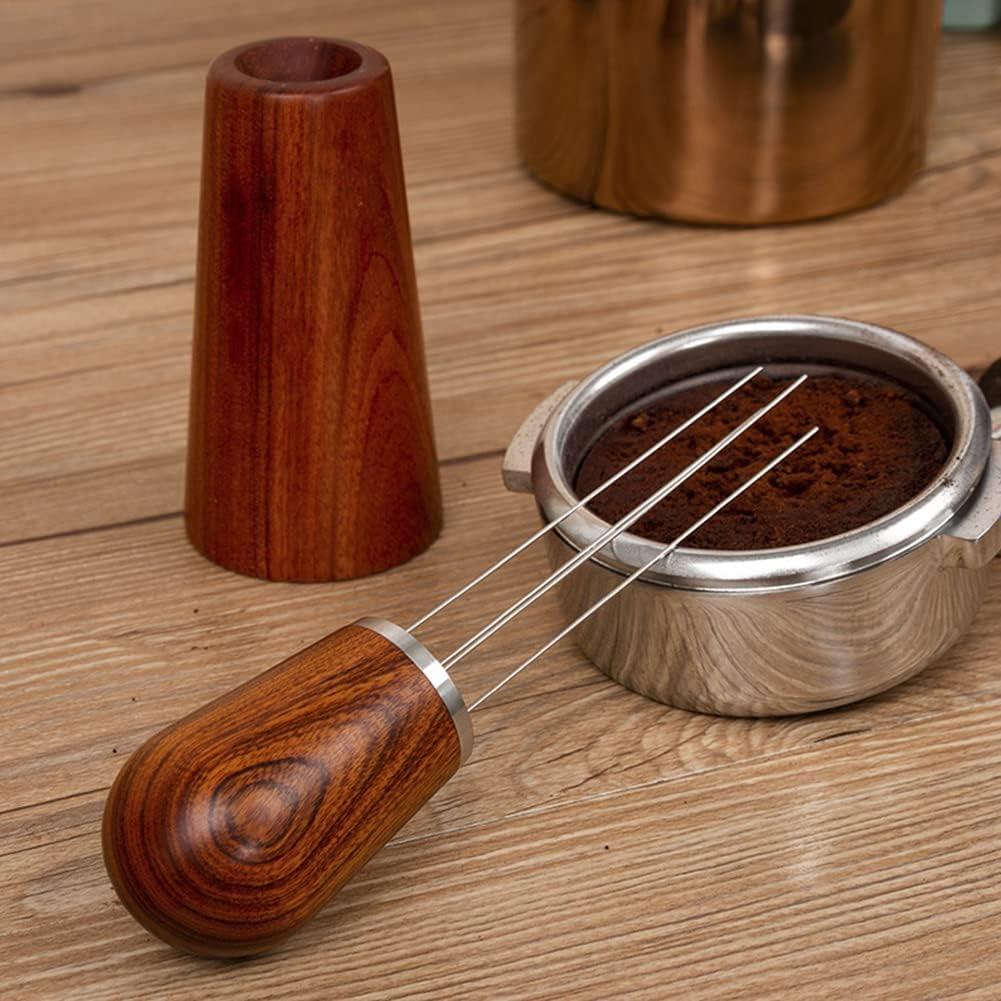 Espresso Coffee Stirrer, Coffee Powder, Coffee Stirring Tool for Espresso Distribution, Stainless Steel Needle, Natural Wood Handle and Stand (2PCS Set(1 Red Sandalwood+1 Brush))