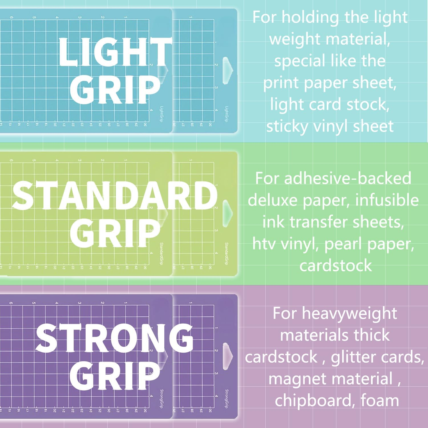 THANMAO 4.5" X 12" + 4.5" X 6.5"Cutting Mat，Blue Light Grip/Green Standard Grip/Purple Strong Grip, Adhesive Cutting Mats，Accessories for Cricut Joy（6 Pack）