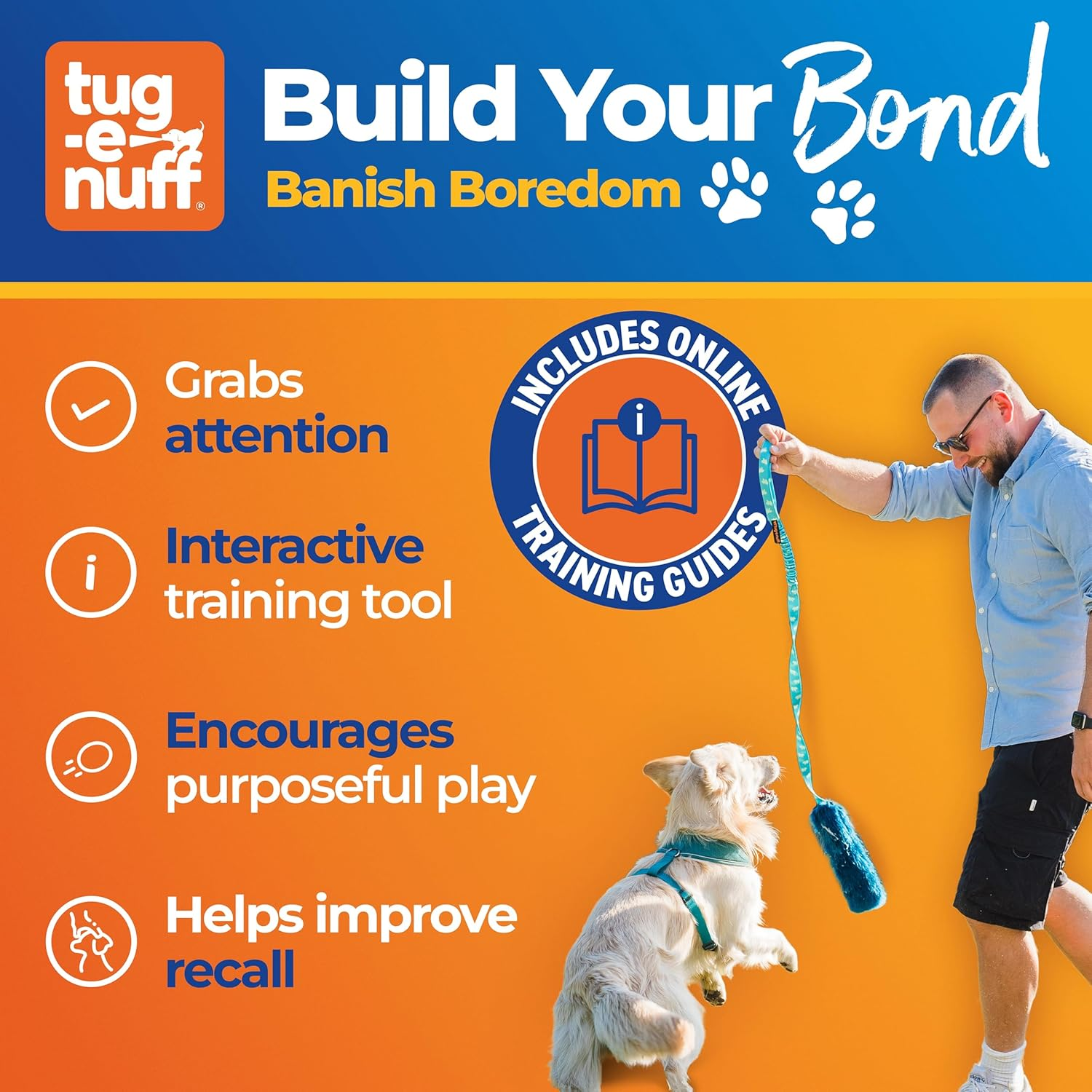 Tug-E-Nuff Faux Fur Squeaky Bungee Chaser Dog Toy, Tough Dog Tug Toy for Puppy, Small, Medium and Large Breeds, Interactive Training Chase Toys for Dogs, 46.5 In, Orange & Blue image number 2