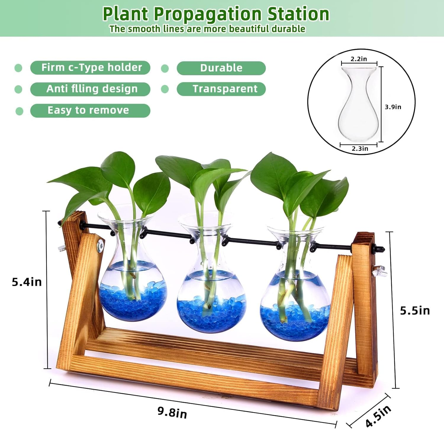 Emapoy 3 Bulb Vase Plant Propagation Station, 3 Glass Planters, Wooden Stand, Beautiful Garden Decoration, Great Birthday for Planter Lover image number 2