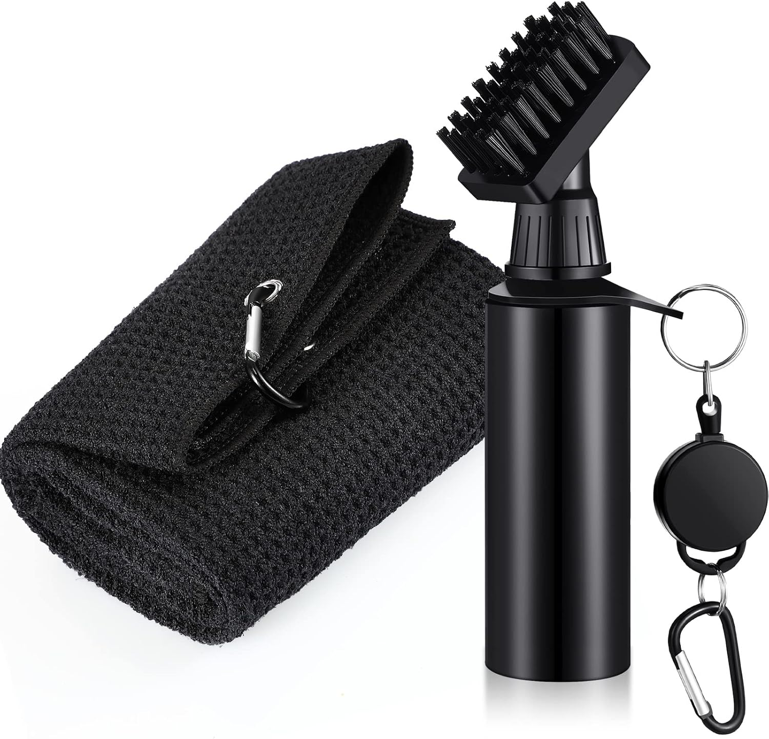 Wettarn 2 Pcs Golf Clubs Cleaner Brush with Microfiber Waffle Pattern Tri Fold Golf Towel, 4 Ounces of Squeeze Water Bottle and Nylon Retractable Aluminum Buckle (Black Towel + Black Brush) image number 1