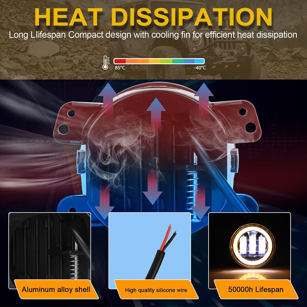 Yanchaofei 4 Inch LED Fog Lights Compatible for 2007-2018 Jeep Wrangler Unlimited JK JKU Front Bumper 60W round Fog Light Driving Offroad Lamps with Amber/White DRL Turn Halo Angel Eyes Lights 2PCS image number 5