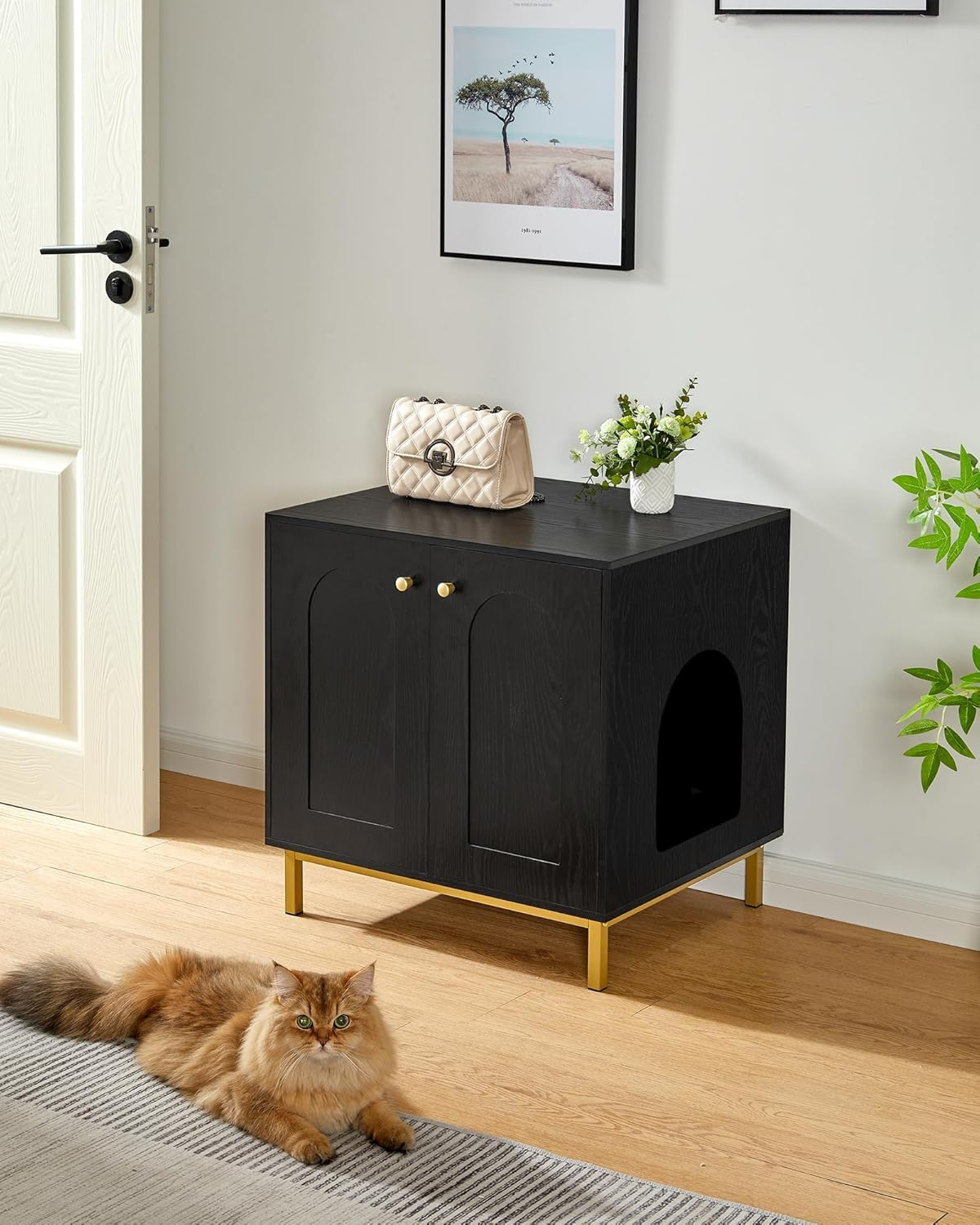 Cat Litter Box Enclosure, Hidden Litter Box Furniture Cabinet, Wooden Indoor Cat House, Side End Table, Living Room, Bedroom, Black and Gold CB81204G image number 1