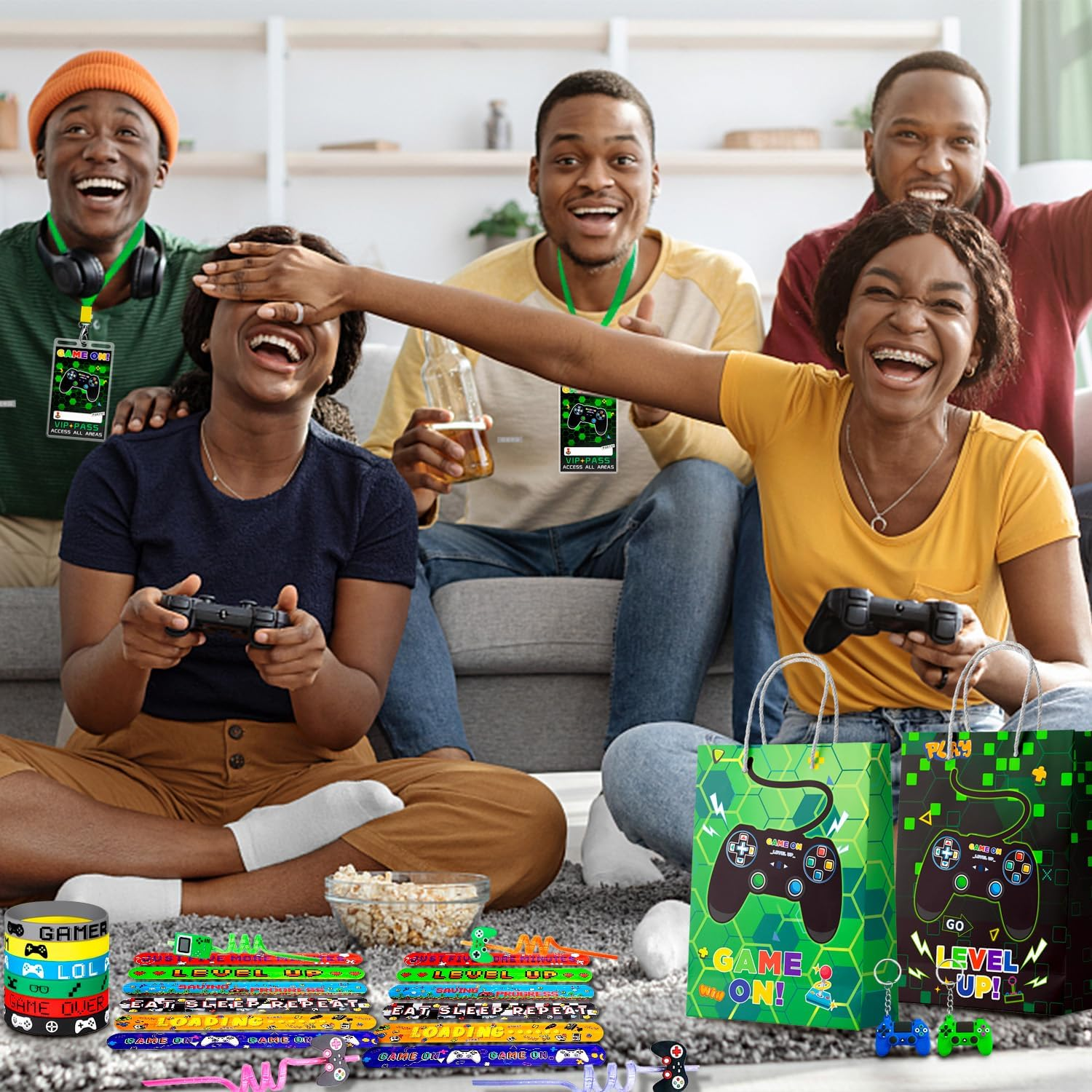 Video Game Party Favors for Kids, 110Pcs Gamer Party Favors Set Including Video Game Wristband Slap Bracelets Keychain Vip Pass Ticket & Gamer Goodie Bags Etc Gaming Party Favors for Boys image number 5