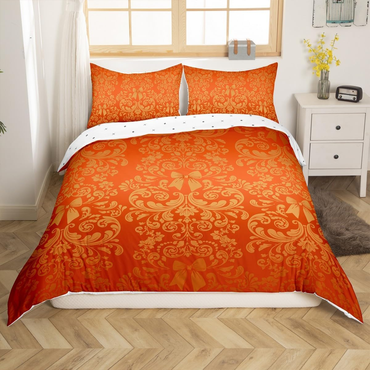 Homewish Red Orange Bow Knot Duvet Cover Set Antique Victorian Damask Comforter Cover, Bowknot 135 X 200 Cm Bed Linen Set, Vintage Floral Gothic Bed Set Exotic Flowers Bohemian Decor image number 2