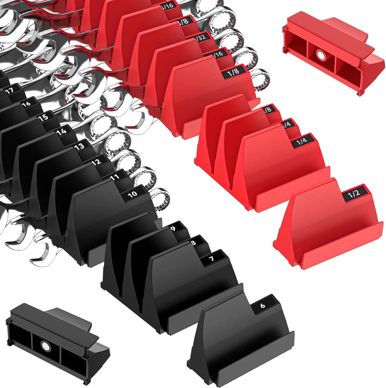 PINOZE 42PCS Magnetic Modular Wrench Organizers for Tool Drawers - Black & Red - Wrench Rack with Metric & SAE Labels, Customizable Magnet Tool Storage Holder for Tool Box Organization image number 5