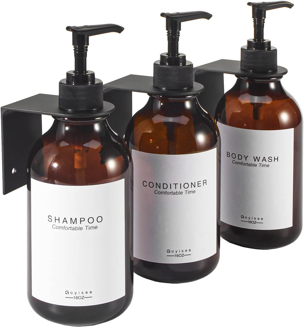 GOYISEE Shampoo and Conditioner Dispenser for Shower Wall, 3 Chamber, Refillable Bottles with 3 Wall Mounts, Waterproof Labels and Pumps (3 Bottles 3 Wall Mount-Brown)