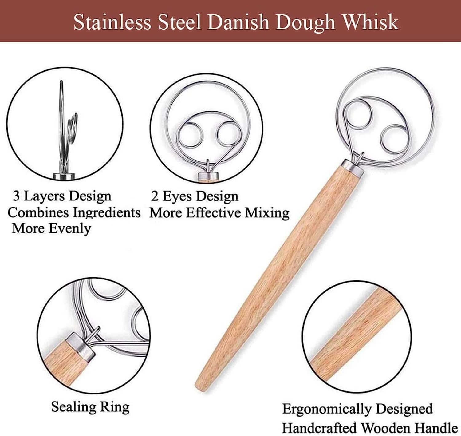MIZOXY Danish Dough Whisk and Bread Lame Set - Stainless Steel Bread Flour Mixer with Bread Scoring Tool - Includes 5 Razor Sharp Blades and Leather Cover - Ideal for Baking Bread, Cake, and Pastry image number 3