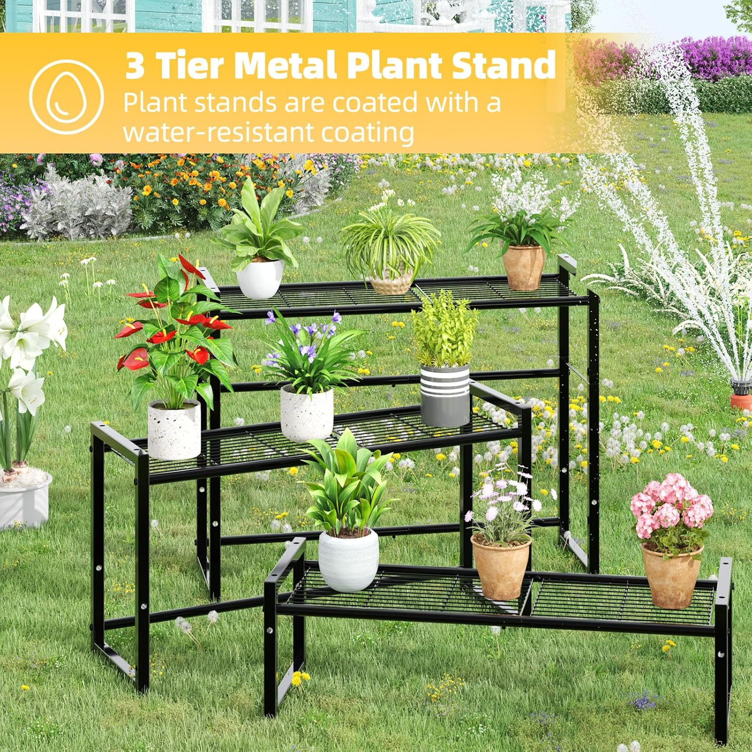 Simple Trending 3 Tier Metal Plant Stand Outdoor Indoor Waterproof, Stackable Heavy Duty Tall Plant Shelf Flower Pot Holder for Garden, Display Rack, Black image number 3