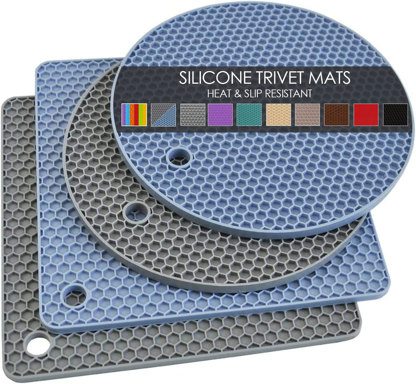 Silicone Pot Holders Set of 4- Silicone Trivets Mats for Hot Pan and Pot Pads. Heat Resistant Counter Mats for Tables, Countertops, Spoon Rest and Large Coasters, 4 Pack Dark Gray Squared Mats