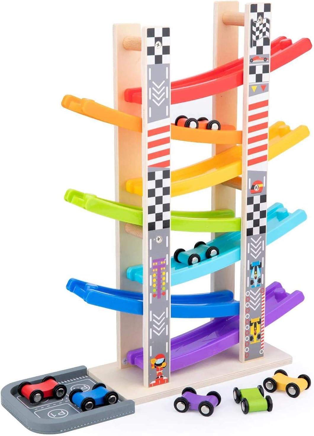 Car Ramp Racer Toy for Toddler - Baby Car Race Track Vehicle Playsets with 6 Wooden Race Cars, 1 Parking Garage, 3 Extra Bridges and 6 Car Ramps for Boys & Girls image number 2
