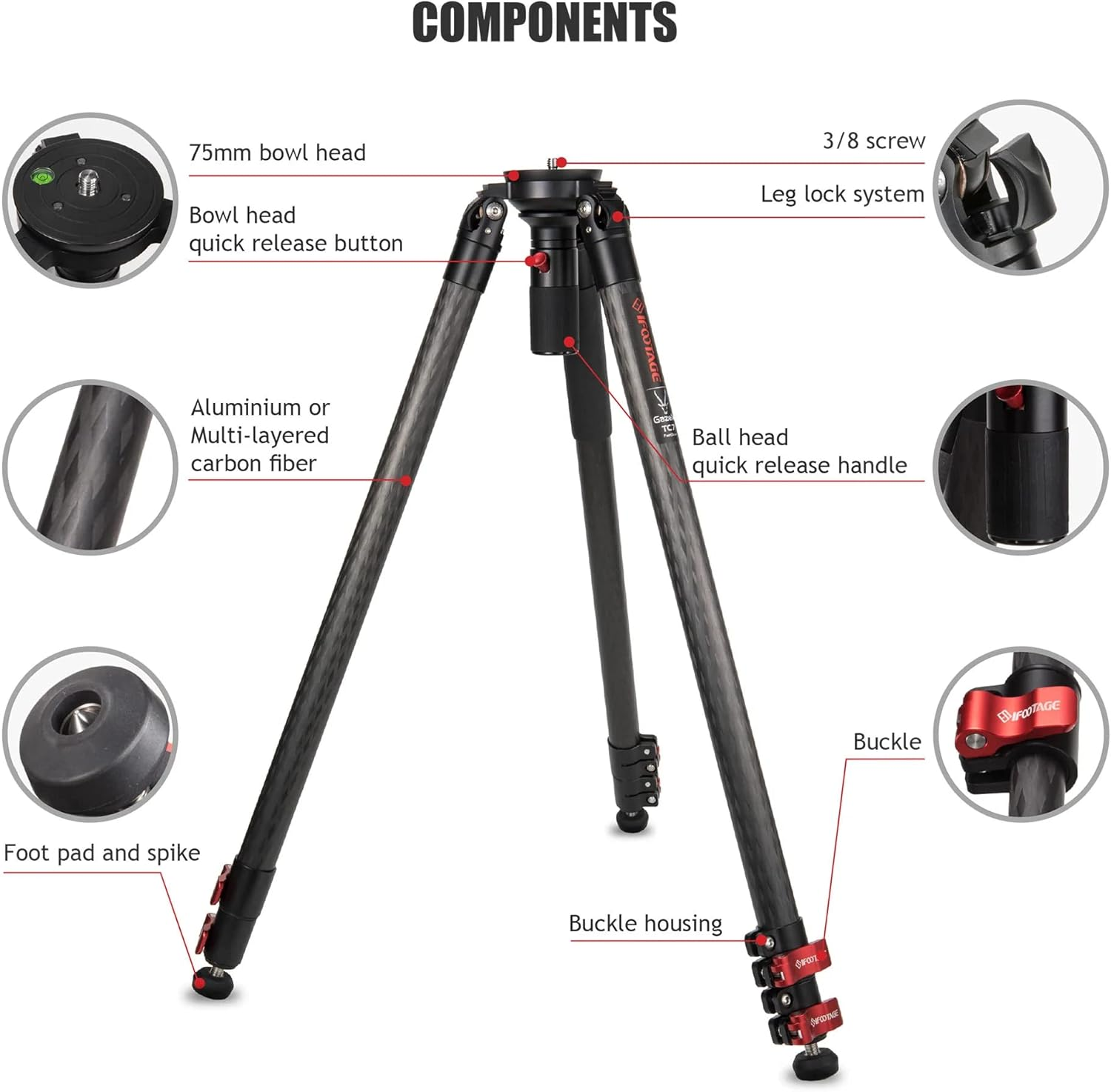 IFOOTAGE Tripod Gazelle TC7, 61&rdquo; Carbon Fiber Video Camera Tripod with Quick Fastbowl, Payload 19.8 Lbs image number 4