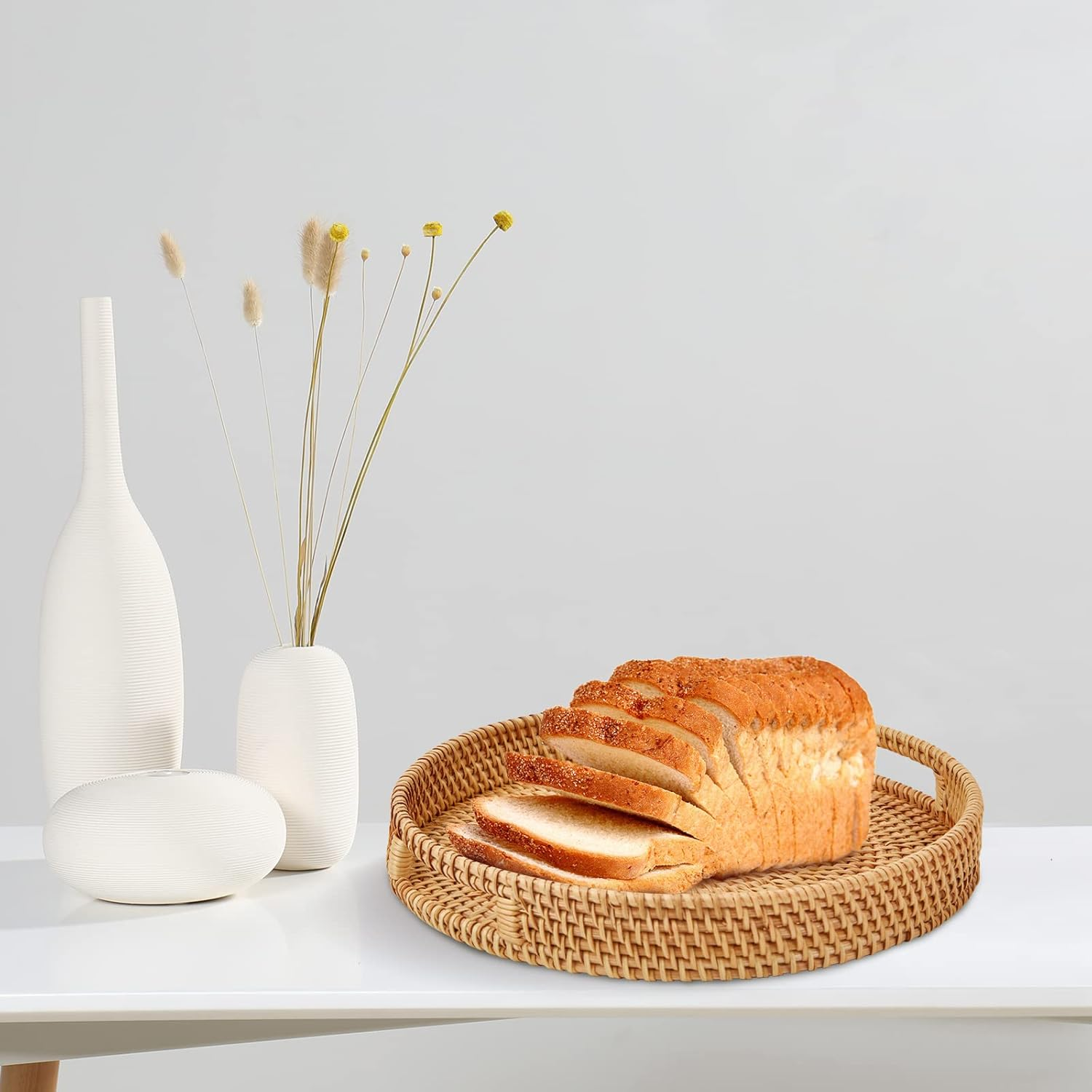 Whalehub round Rattan Serving Tray with Handles, Hand Woven Basket, Home Decor Organizer Tray for Breakfast, Tea, Snack, Fruit, Coffee,Storage (Large)(14.17Inchx2.3Inch) image number 1