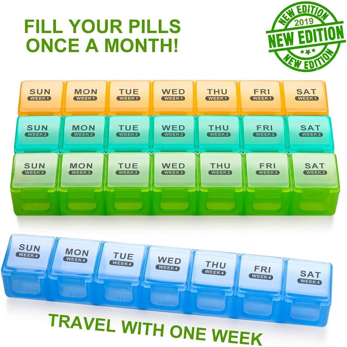 Monthly Pill Organizer, 28 Day Pill Box, 4 Week Moisture-Proof Medicine Organizer, Large Daily Pill Cases for Pills/Vitamin/Fish Oil/Supplements