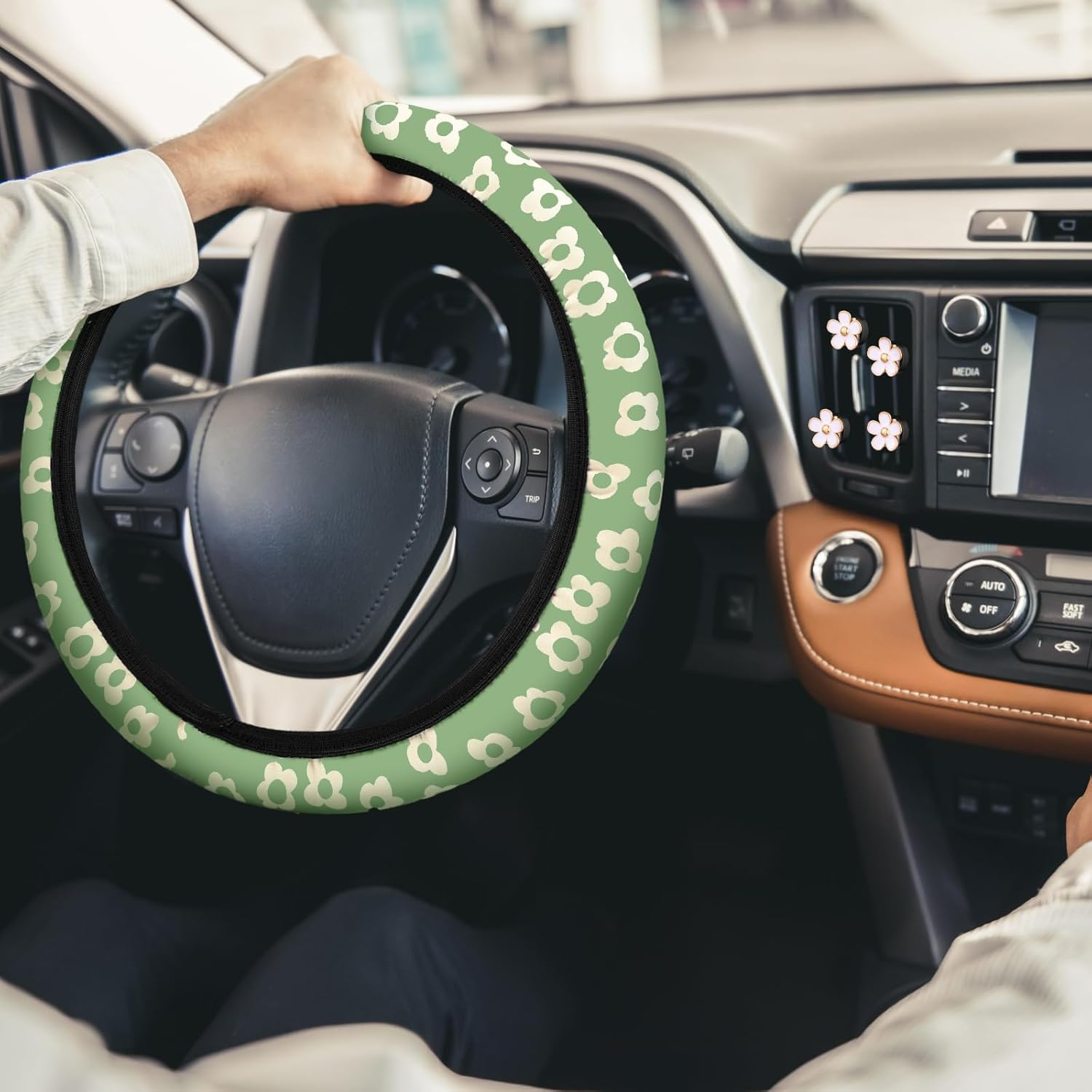 Frienda 10 Pcs Vintage Groovy Car Accessories Set - Floral Steering Wheel Cover, Air Vent Clips, Center Console Armrest Cushion, Car Cup Mats, Seat Belt Covers (Green, White) - Black image number 4