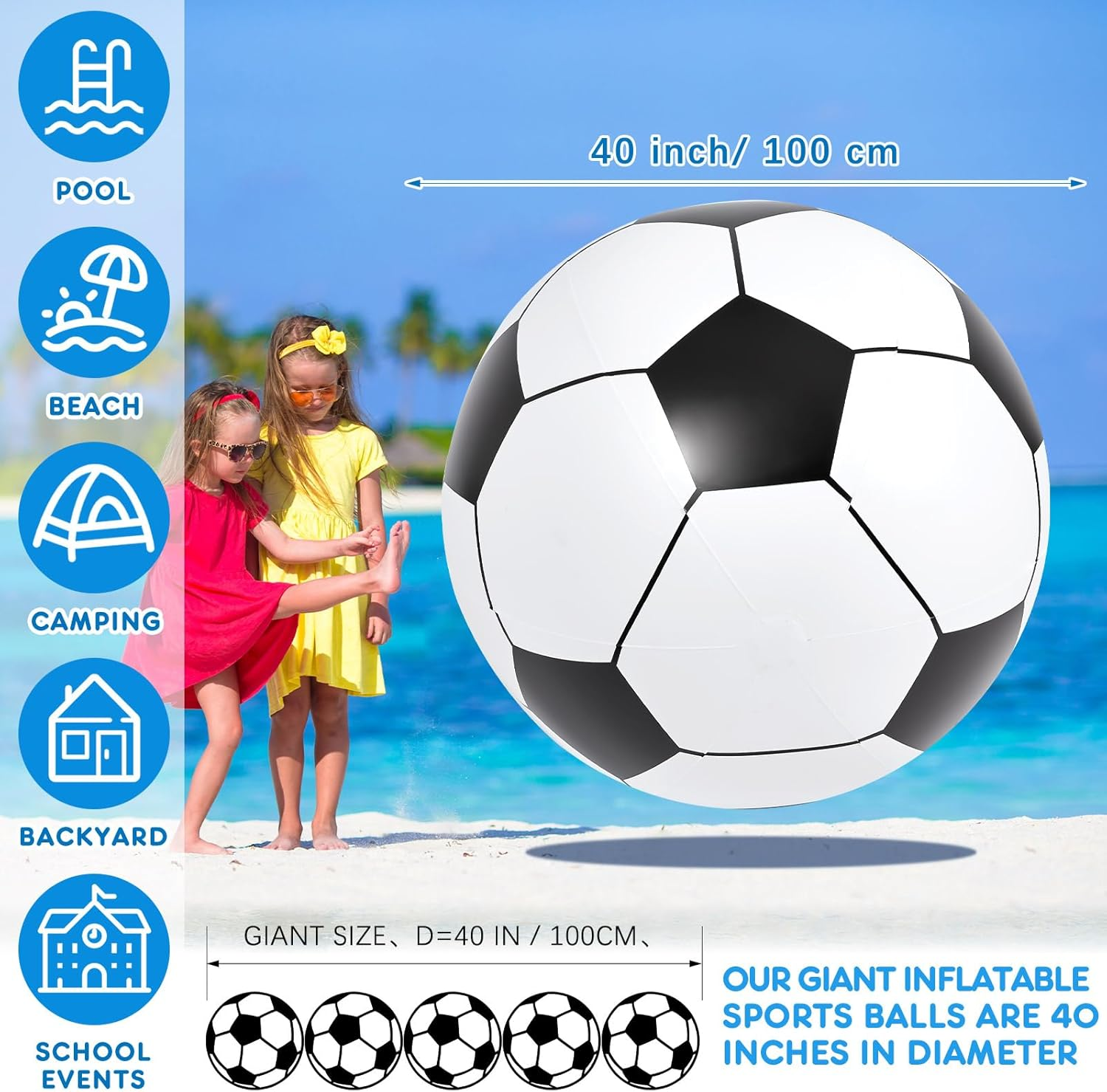 Lewtemi 4 Pcs Giant Inflatable Sports Balls Large Inflatable Beach Ball Inflatable Baseballs Soccer Ball Basketball Footballs for Summer Pool Outdoor Activity Games Sports Birthday image number 2