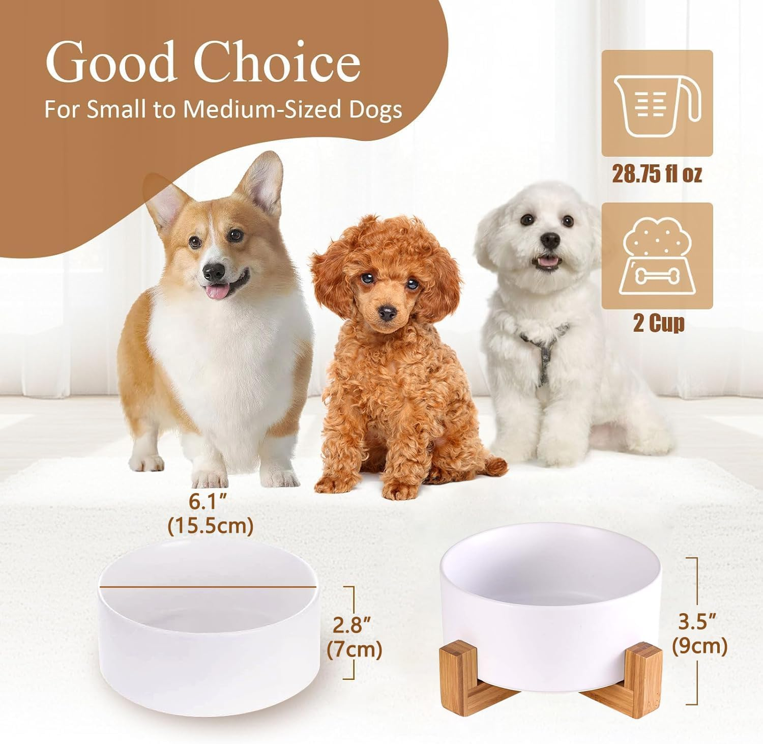 Ceramic Dog Bowl 28OZ with Wood Stand, PRENDIEEN Durable Ceramic Food Water Elevated Dish for Pet 6.1In(15.5Cm) Diameter, Modern Cute Weighted Food Water Set, Cat Dog Food & Water Bowl Set (White) image number 3