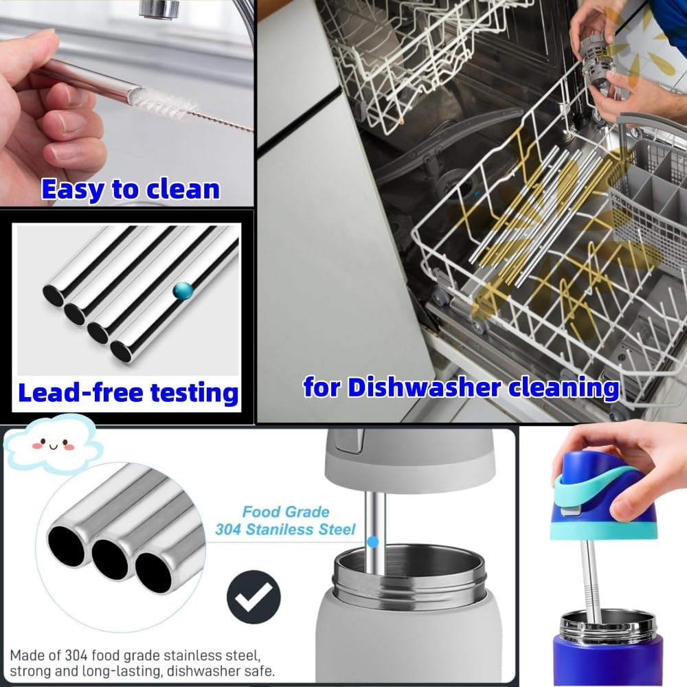 4Pcs Replacement Stainless Steel Straws Compatible with Water Bottle 24Oz 32Oz Reusable Straws with 2 Cleaning Brushes Metal Replacement Compatible with Owala image number 4