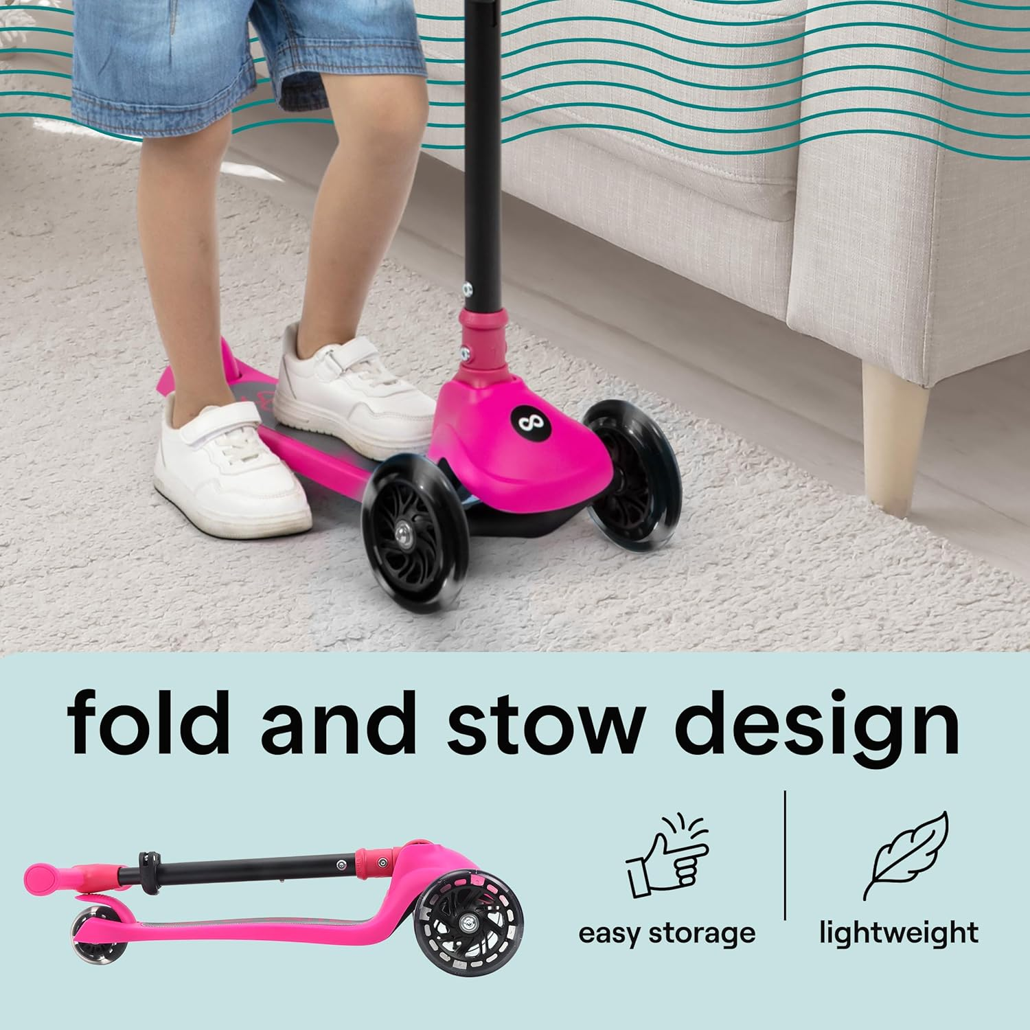 Serenelife 3 Wheel Scooter for Toddlers & Kids, Foldable Seat, LED Wheels, Adjustable Handlebar, Anti-Slip Deck, Rear Foot Brake, Lean-To-Steer, Kid Scooter Ages 18M&ndash;7Y, Supports up to 50 Kg. image number 3