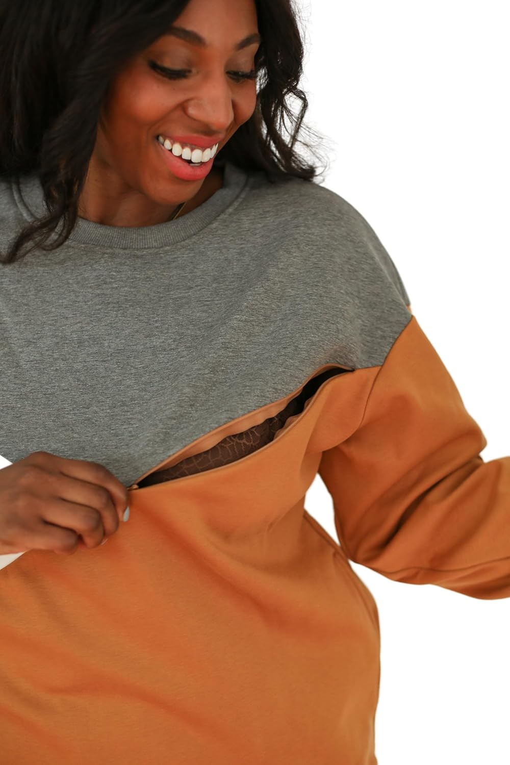 Movemama Women'S Breastfeeding Colorblock Diagonal Zip Nursing Sweatshirt with Velour Interior