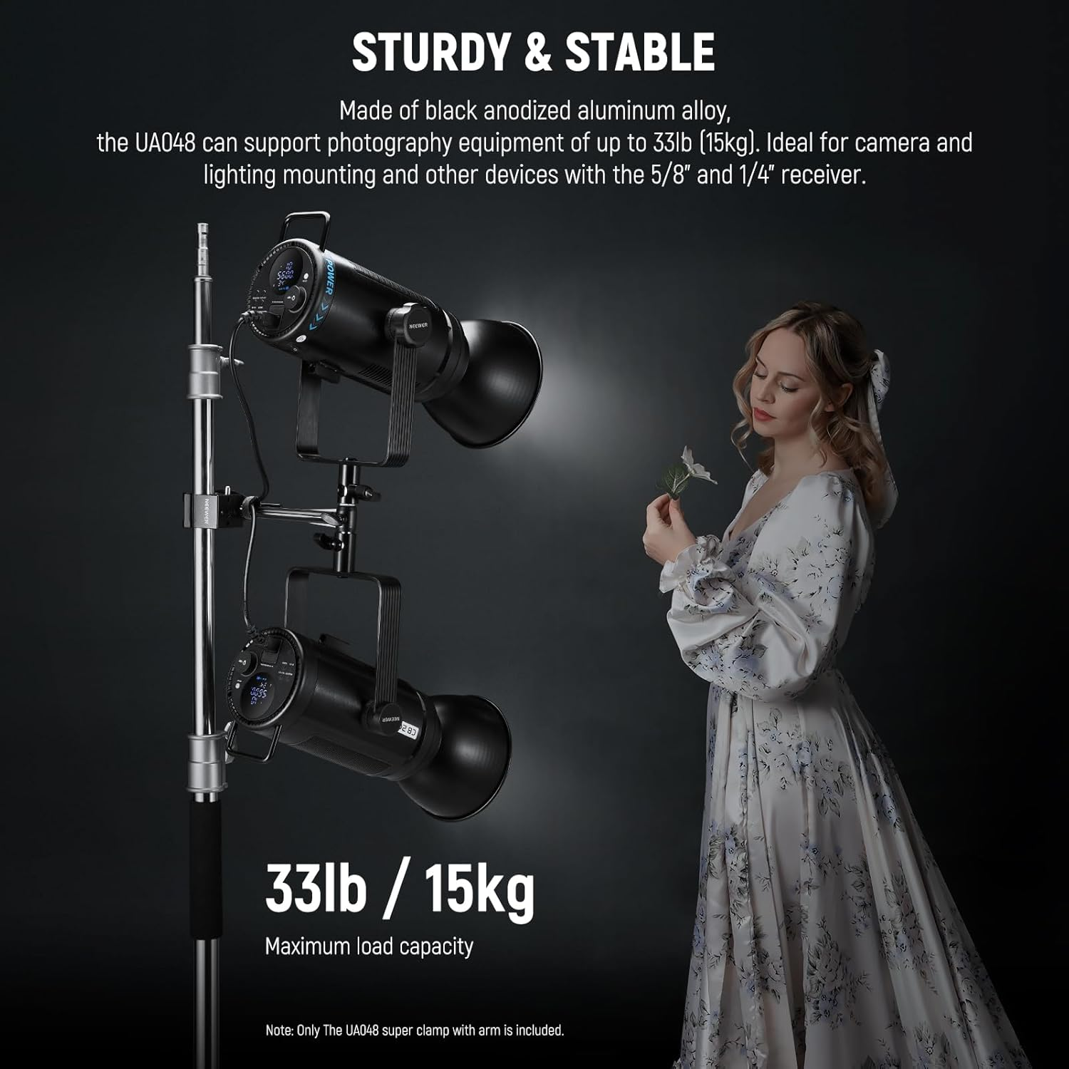 NEEWER Super Clamp with 6" Extension Arm, 5/8" Stud, 2.4" Jaw Grip Heavy Duty Crab Pole Clamp for round Pipe Flat Surface, for Photography Studio Camera Lighting Mounting, Max Load 33Lb/15Kg image number 3