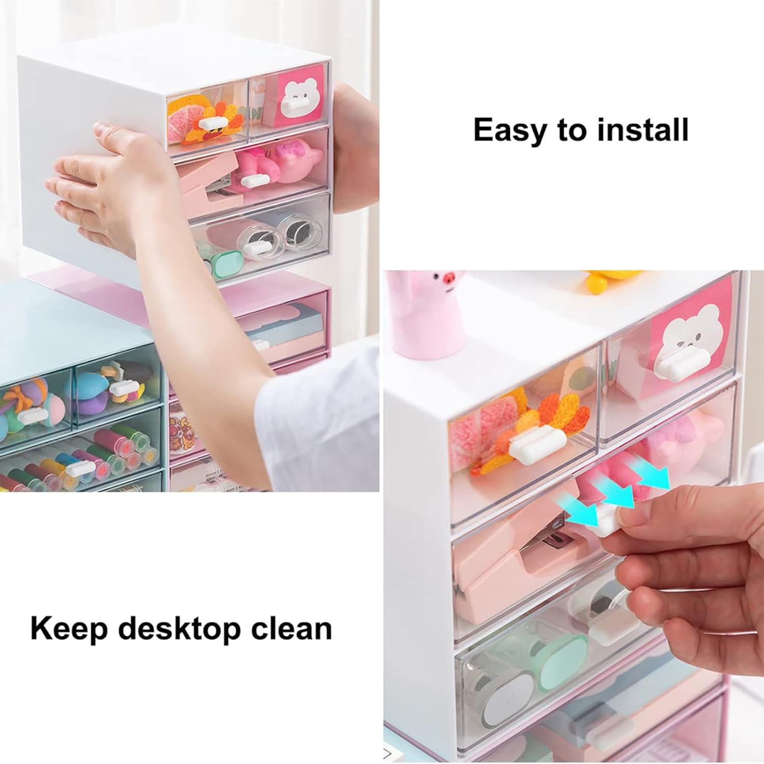 Esk Storage, Makeup Storage Box Clear Plastic Desk Storage Box Cosmetic Storage Organizer with 4 Drawers Desktop Organizer for Office School Home Bathroom, Pink image number 3