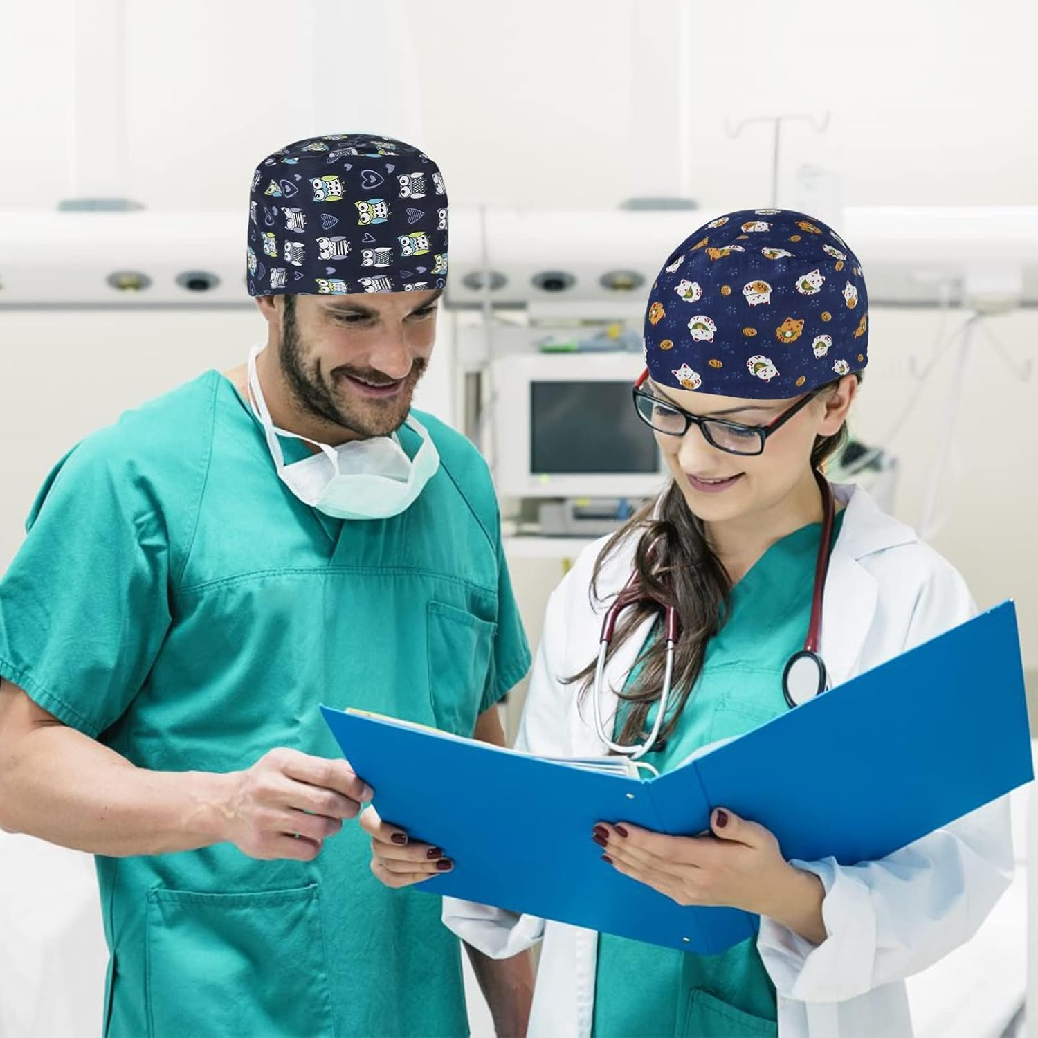 6Pcs Working Caps with Button and Sweatband, Adjustable Working Hats, Turban Cap, Printed Soft Cotton Hood for Women and Men - A image number 3