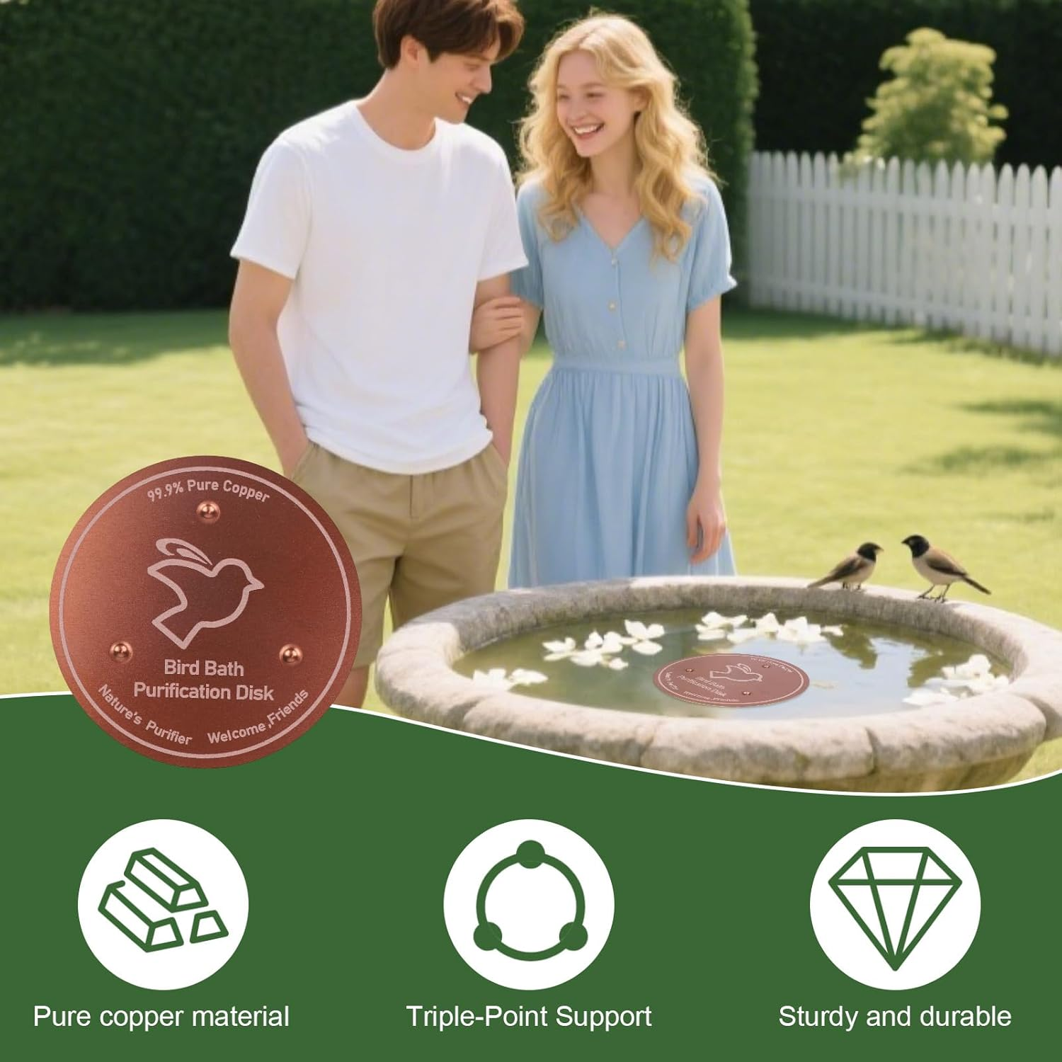 BOXOB Pure Copper Bird Bath Purification Disk, 4In Bird Bath Cleaner with Triple Point Support All Season Safe Water Purifier Universal Fit for Outdoor Birdbaths & Bowls image number 1