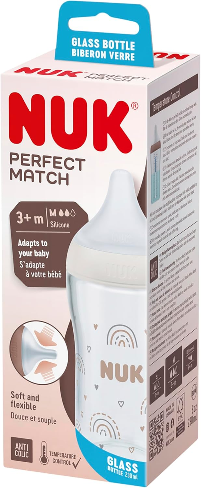 NUK Perfect Match Baby Bottle | 3+ Months | Adapts to Baby'S Palate | Temperature Control | anti Colic Vent | 230 Ml | Bpa-Free | Medium Silicone Teat | Glass Bottle | Rainbow image number 5