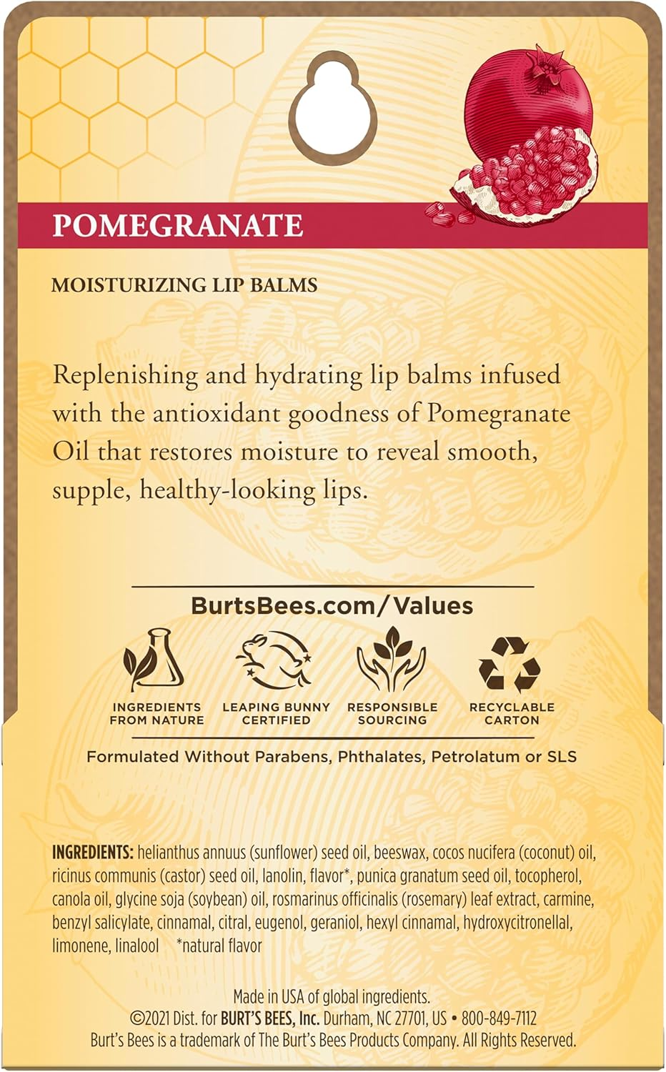 Burt'S Bees 100% Natural Origin Moisturising Lip Balm, Pomegranate, 2 Tubes image number 3