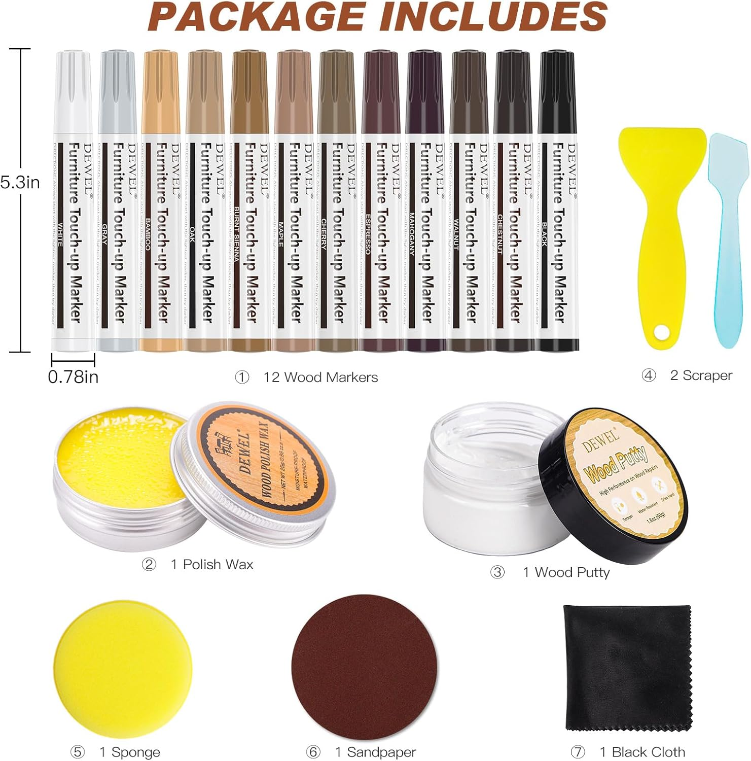 DEWEL Furniture Markers Touch up Kit, 12 Colors Wood Markers Furniture Repair, Wood Polish Wax and Wood Putty Filler, Wood Stain Pen for Scratches, Stains, Wooden Floor, Table, Cabinet, Bedpost image number 5