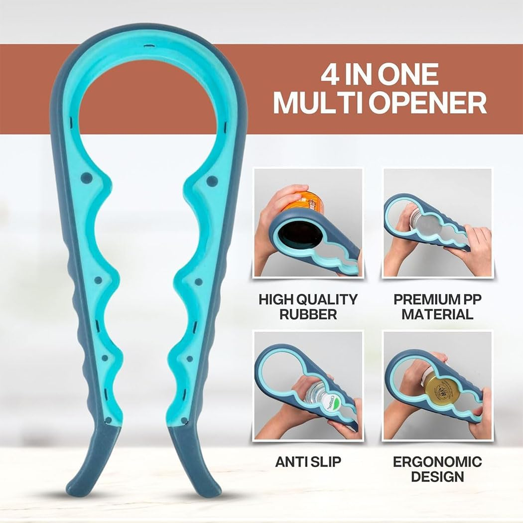Idopick Jar Opener 4 in 1 Multi Function Can Opener for Opening Jars with Lids, Wine Bottles & Plastic Jars Bottle Opener Kit with Silicone Handle for Children, Elderly and Arthritis Sufferers