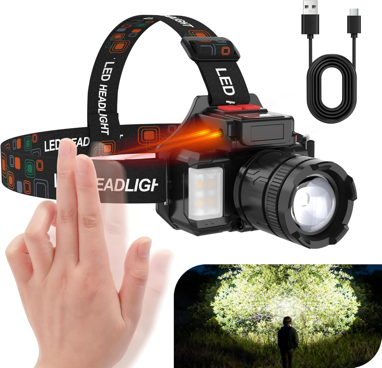 LED Head Torch with Motion Sensor, Super Bright Headlamp with 10 Modes, 3600Mah Battery Flashlight, USB Rechargeable Camping Light Zoomable for Camping, Hiking, Outdoors, Hunting, Running-2 Pack