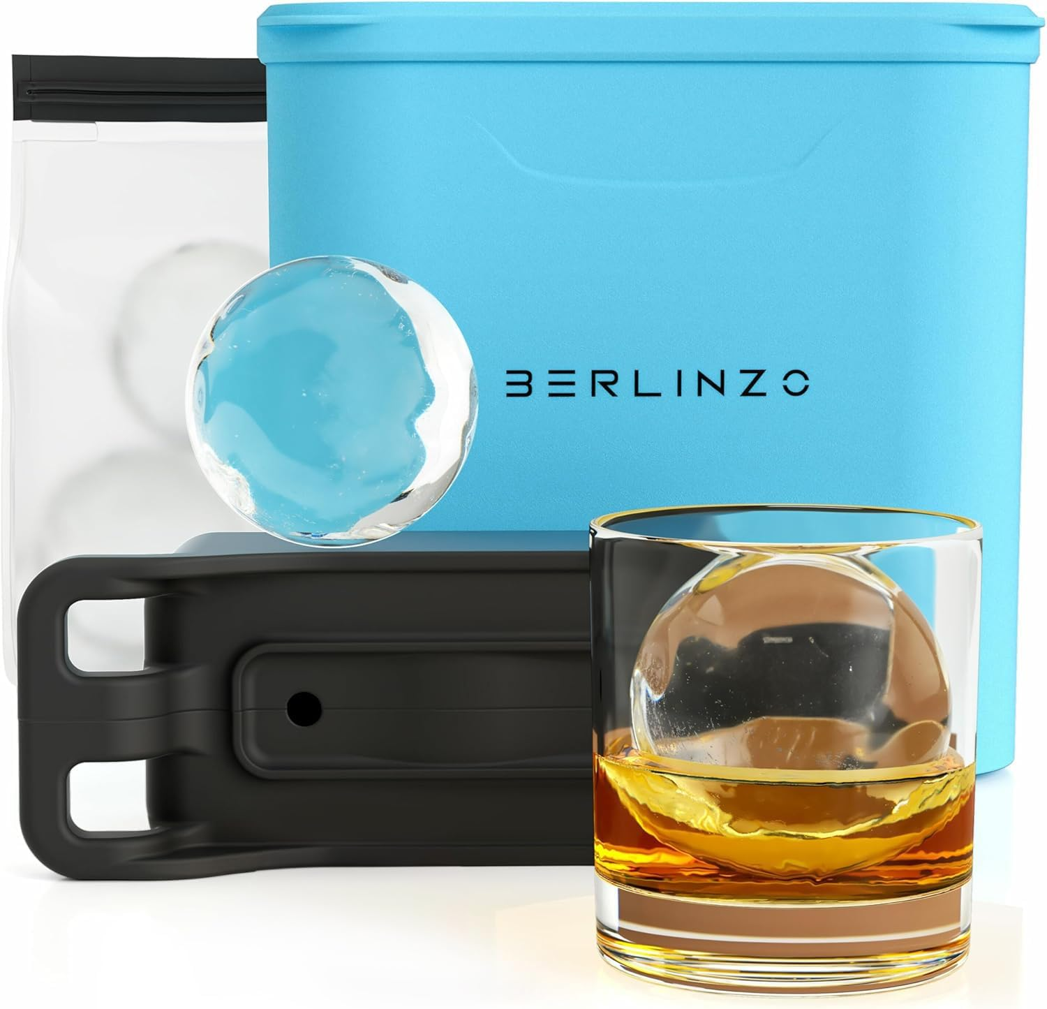 Premium Berlinzo Clear Ice Cube Maker - Whiskey Ice Ball Mold Large 2 Inch - Crystal Ice Maker Sphere with Storage Bag for Ball Ice