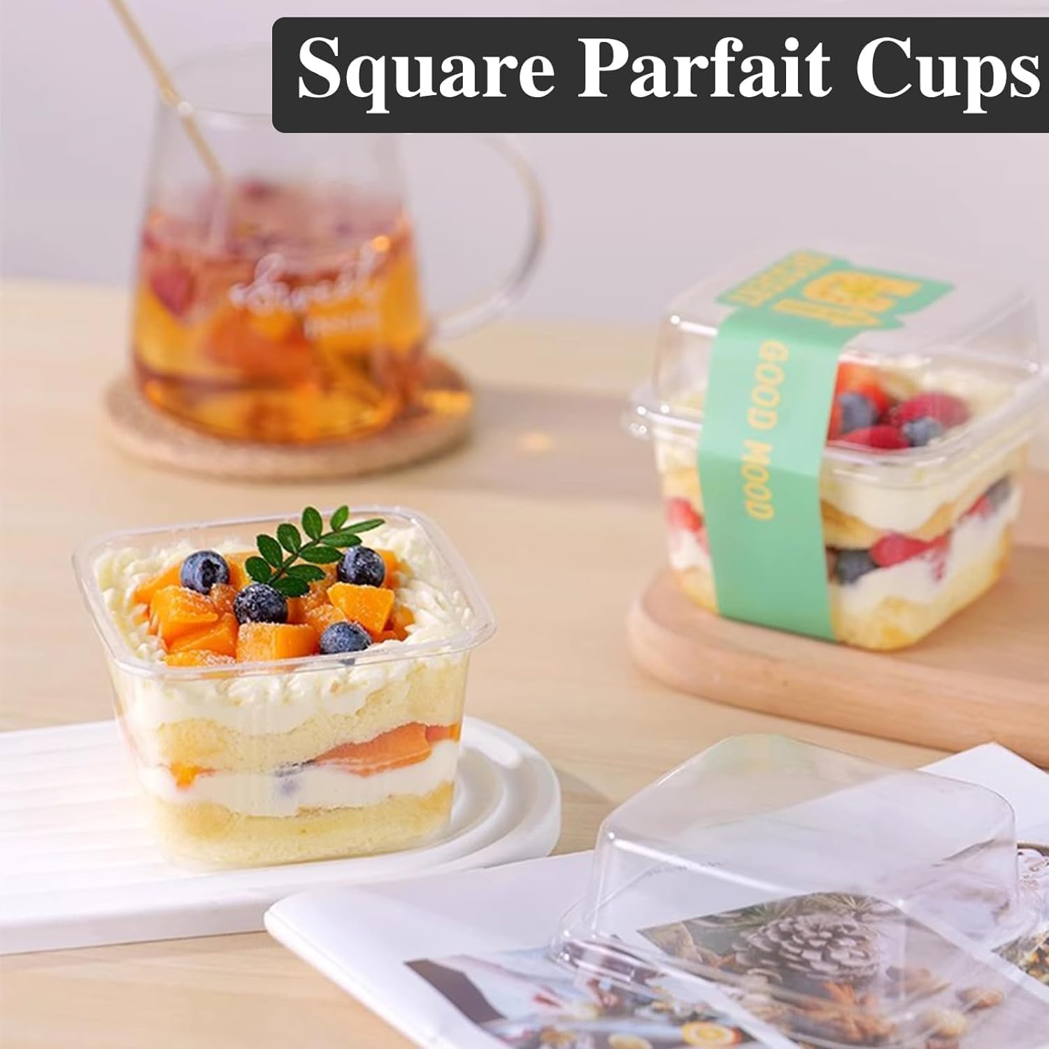 50Pack 8 Oz Square Plastic Dessert Cups, Reusable Clear Plastic Yogurt Parfait Cups with Lids and Individually Wrapped Spoons, for Cupcake Mousse Yogurt Pudding Mousse Fruits