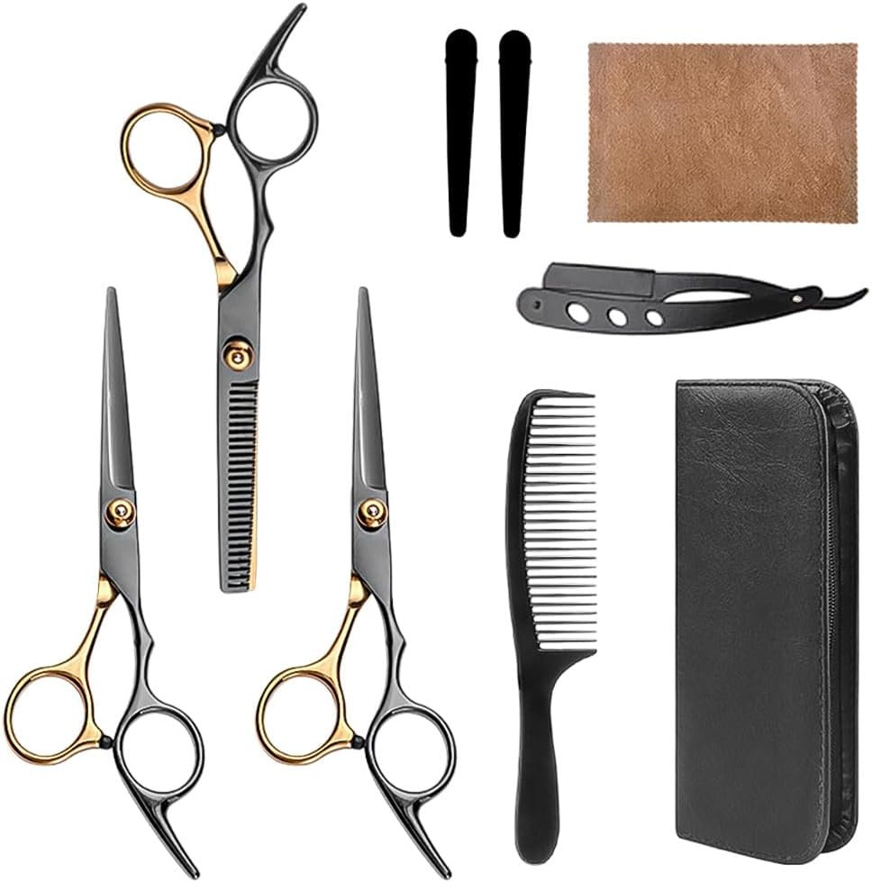 9 PCS Hair Cutting Scissors Kit,Barber Scissors with Black Gold Finish,Stainless Steel Hair Cutting Shears Set in Leather Case for Women Men Pet,Barber Salon and Home image number 2